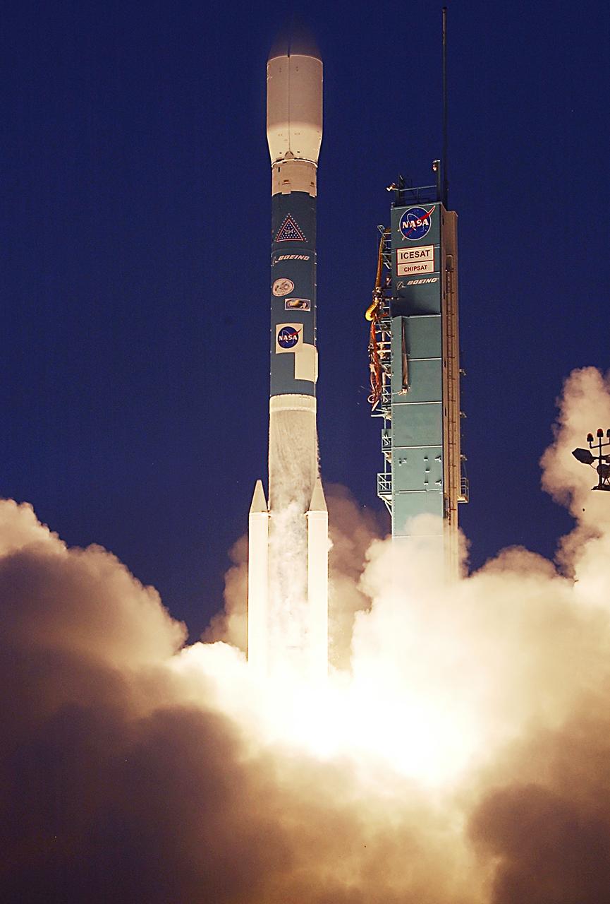 NASA's Ice, Cloud and Land Elevation satellite (ICESat) and Cosmic Hot Interstellar Spectrometer (CHIPS) satellite lifted off from Vandenberg Air Force Base, Calif at 4:45 p.m. PST aboard Boeing's Delta II rocket. ICESat will examine the role that ice plays in global climate change, while CHIPS will explore the composition of our galaxy. Photo Credit: "NASA/Bill Ingalls"