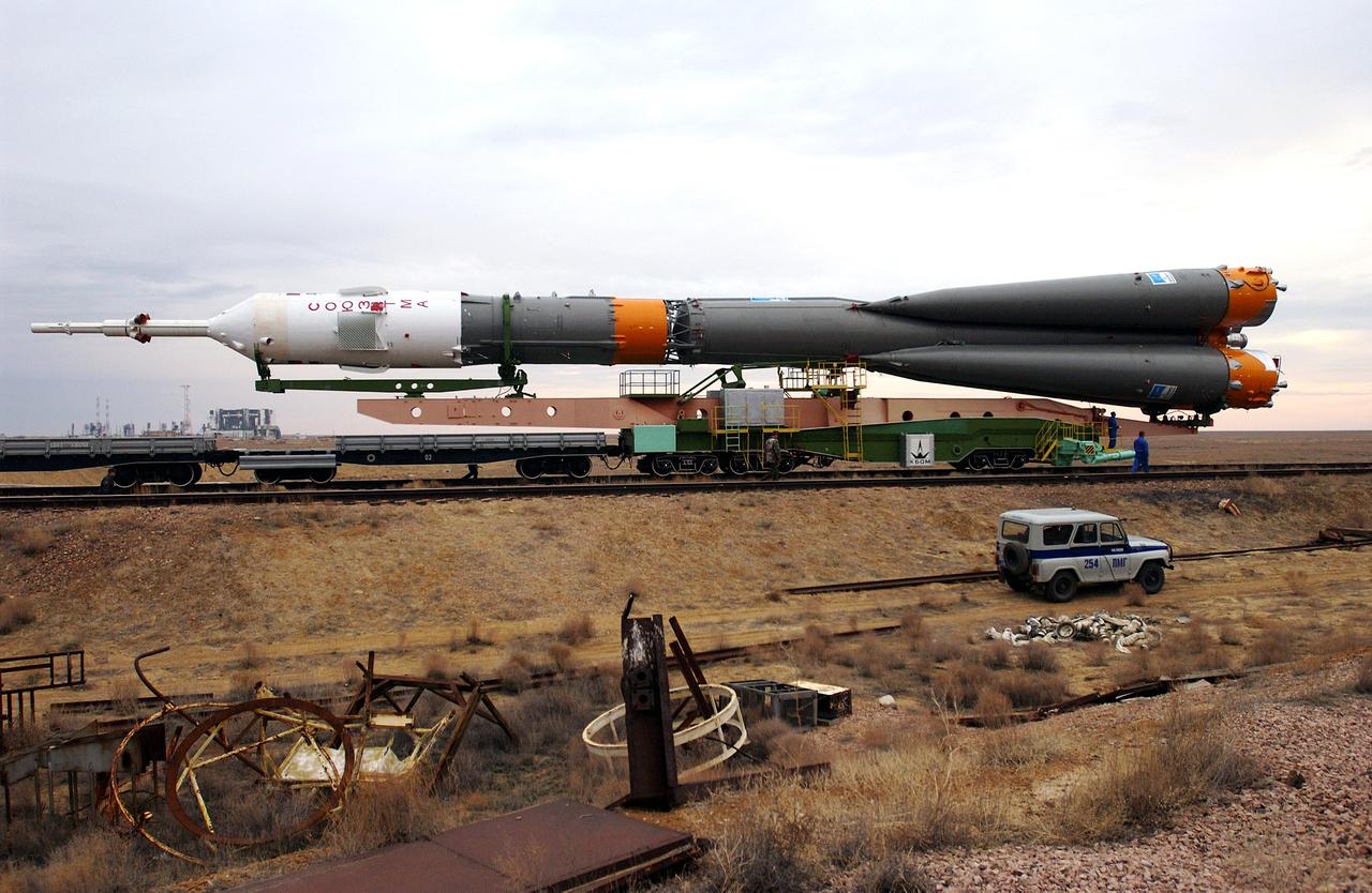 April 24, 2003, Baikonur Cosmodrome, Kazakhstan.  The Soyuz rocket is rolled out of the assembly building and travels via rail to the launch pad.  Expedition Seven is scheduled to launch onboard the Soyuz this Saturday April 26, 2003.  Photo Credit: "NASA/Scott Andrews"