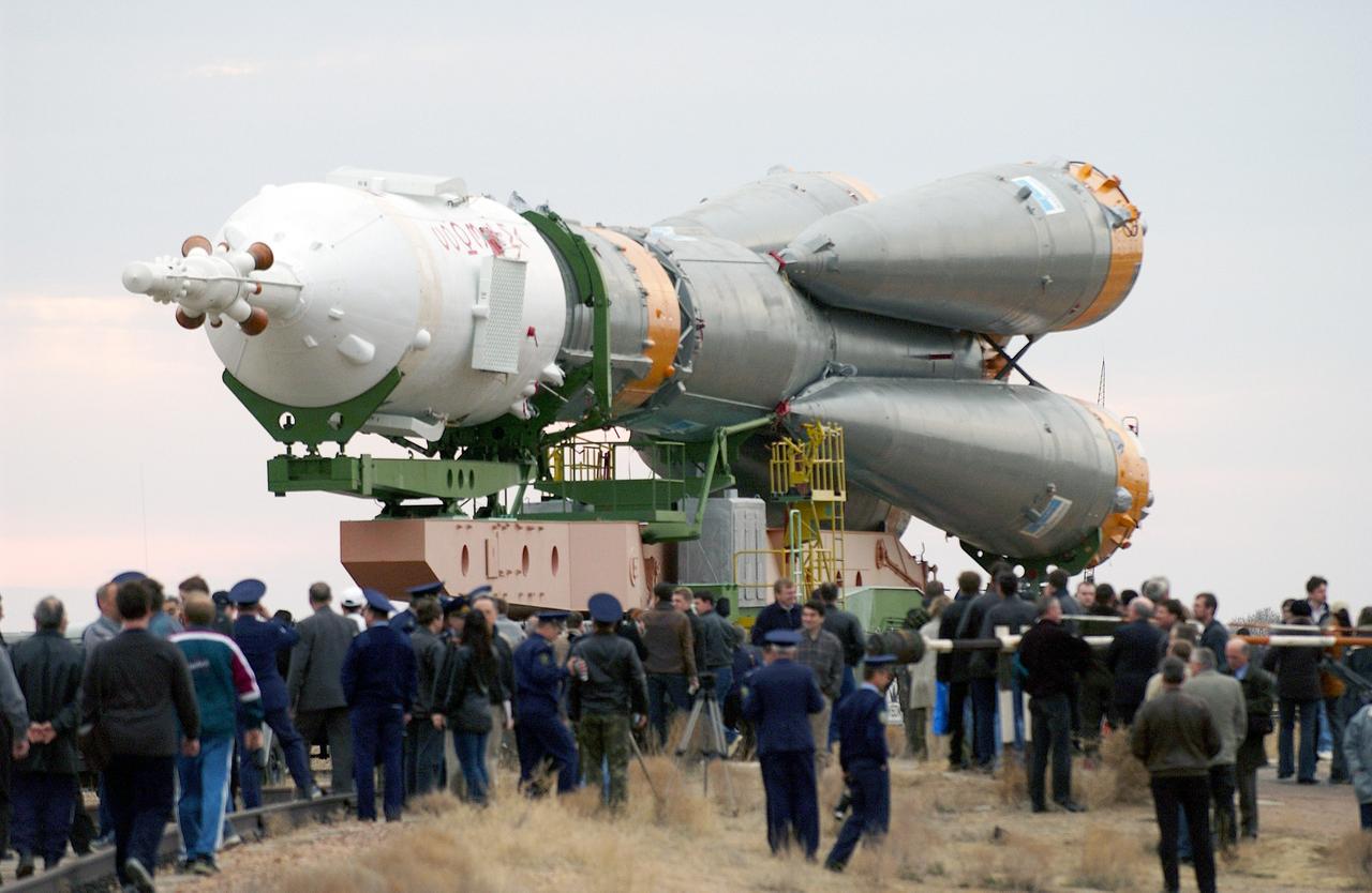 April 24, 2003, Baikonur Cosmodrome, Kazakhstan.  The Soyuz rocket is rolled out of the assembly building and travels via rail to the launch pad.  Expedition Seven is scheduled to launch onboard the Soyuz this Saturday April 26, 2003.  Photo Credit: "NASA/Scott Andrews"