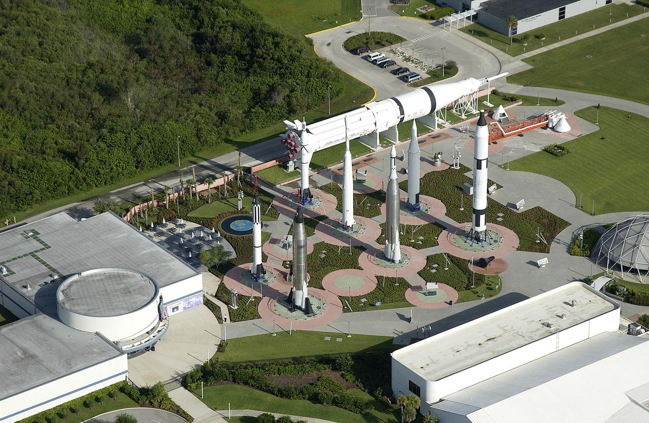 KENNEDY SPACE CENTER, FLA. – This aerial view shows the Rocket Garden at the KSC Visitor Complex. A hallmark of the Complex, the display features eight authentic rockets from the past and a Mercury-Atlas rocket similar to one that lalunched John Glenn into space in 1962.