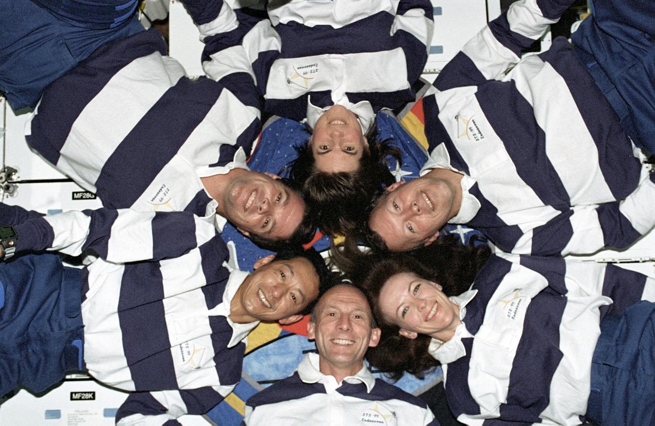 The STS-99 crew pose for a "star-burst" pose in celebration of a successful Shuttle Radar Topographic Mission (SRTM) aboard NASA's Space Shuttle Endeavor. Clockwise, around the circle, from top center are astronauts Janice Voss, Dominic L. Gorie, Janet L. Kavandi, Gerhard Thiele of the European Space Agency, Mamoru Mohri of the Japanese Space Agency, and Kevin Kregel. The STS-99 SRTM mission was the most ambitious Earth mapping mission to date. Orbiting at 233 kilometers (145 miles) above Earth, two radar anternas, one located in the Shuttle bay and the other located on the end of a 60-meter deployable mast, was used during the mission to map Earth's features. The goal was to provide a 3-dimensional topographic map of the world's surface up to the Arctic and Antarctic Circles. The mission completed 222 hours of around the clock radar mapping gathering enough information to fill more than 20,000 CDs.