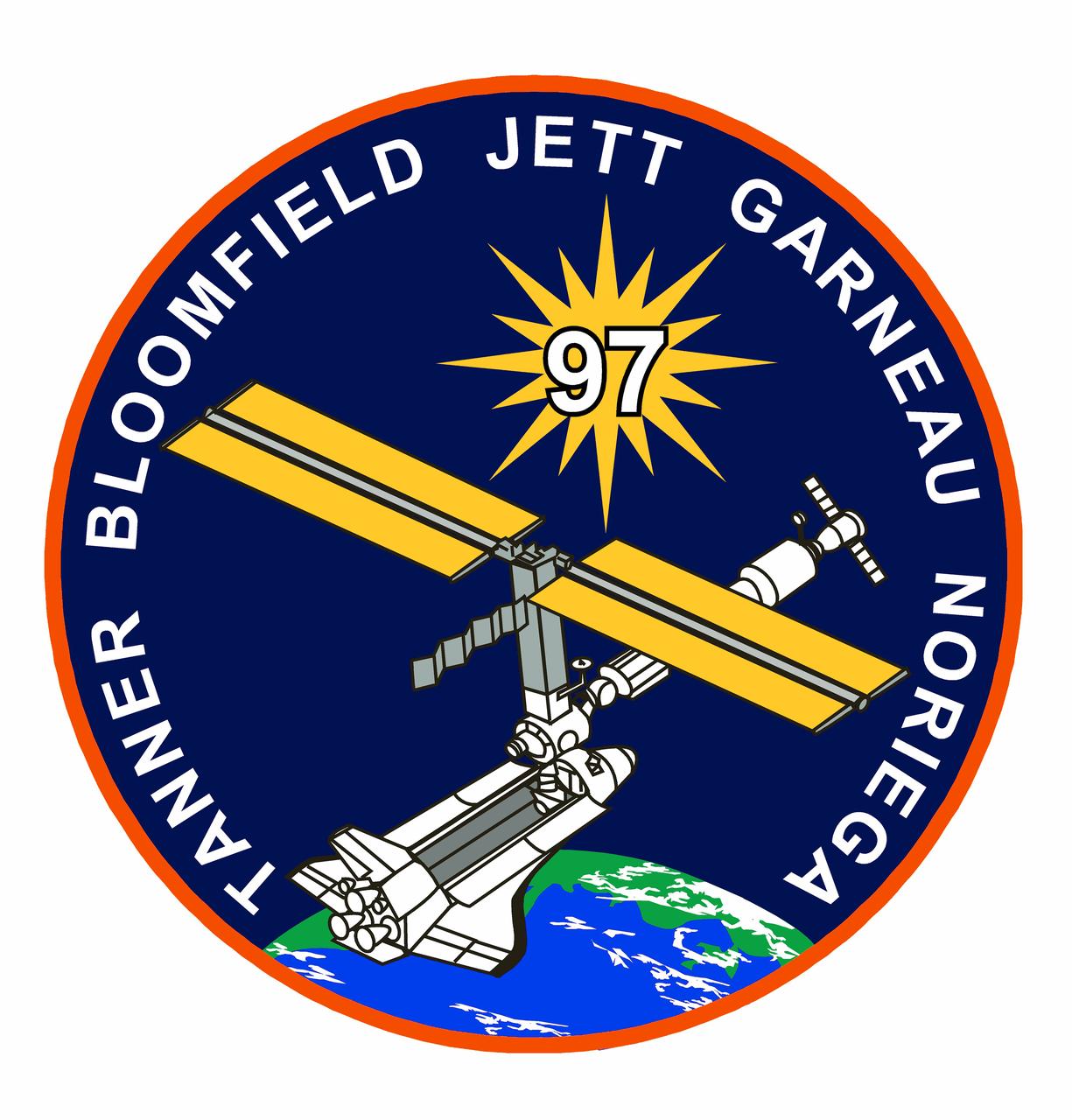 This is the crew insignia for STS-97 which delivered, assembled, and activated the U.S. electrical power system onboard the International Space Station (ISS). The electrical power system, which is built into a 47-foot integrated truss structure known as P6, consists of solar arrays, radiators, batteries, and electronics. P6 was prepared for subsequent deployments of larger solar arrays and radiator, a critical step in the activation of the electrical power system that will eventually provide the power necessary for the first ISS crews to live and work in the U.S. segment. The crew patch depicts the space shuttle docked to the ISS in low Earth orbit after the activation of the P6 electrical power system. Gold and silver were used to highlight the portion of the ISS that were installed by the STS-97 crew. The sun, central to the design, is the source of energy for the ISS. The crew member names surround the outer border of the patch.