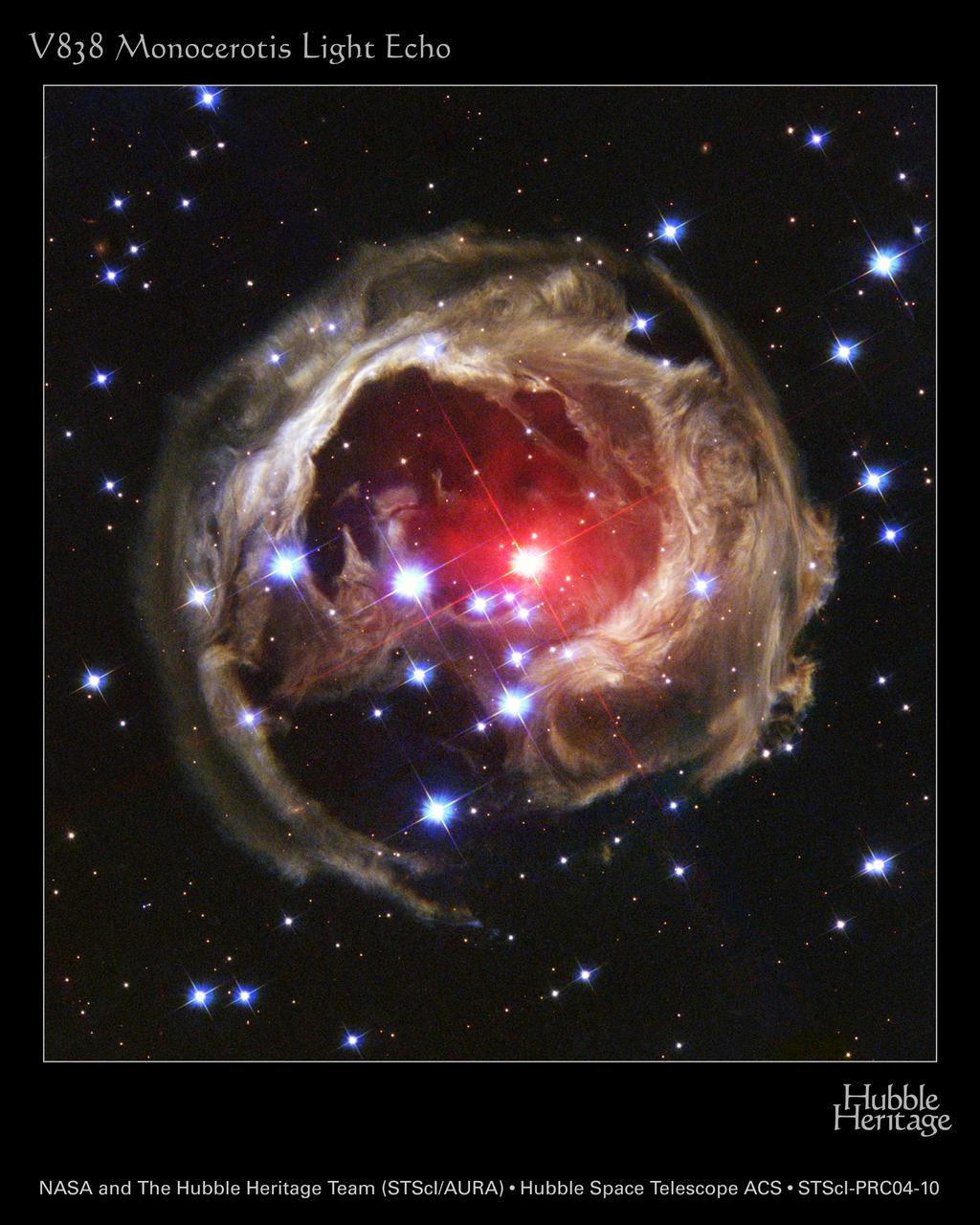 This photo, captured by the NASA Hubble Space Telescope's (HST) Advanced Camera for Surveys, is Hubble's latest view of an expanding halo of light around the distant star V838 Monocerotis, or V Mon, caused by an unusual stellar outburst that occurred back in January 2002. A burst of light from the bizarre star is spreading into space and reflecting off of surrounding circumstellar dust. As different parts are sequentially illuminated, the appearance of the dust changes. This effect is referred to as a "light echo". Located about 20,000 light-years away in the winter constellation Monoceros (the Unicorn), the star brightened to more than 600,000 times our Sun's luminosity. The light echo gives the illusion of contracting, until it finally disappears by the end of the decade.