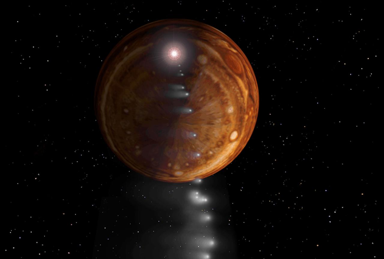 This illustration of the Comet-Shoemaker/Levy collision shows the first piece of the remains of the comet crashing into Jupiter. This event occurred in 1994 after tidal forces from Jupiter caused the comet to break up into 21 separate pieces. Although on a very different scale, the physical mechanism for the breakup of Shoemaker/Levy also caused the tidal disruption of the star in RX J1242-11. (Illustration: SEDS/D. Seal (edited by CXC/M. Weiss) 