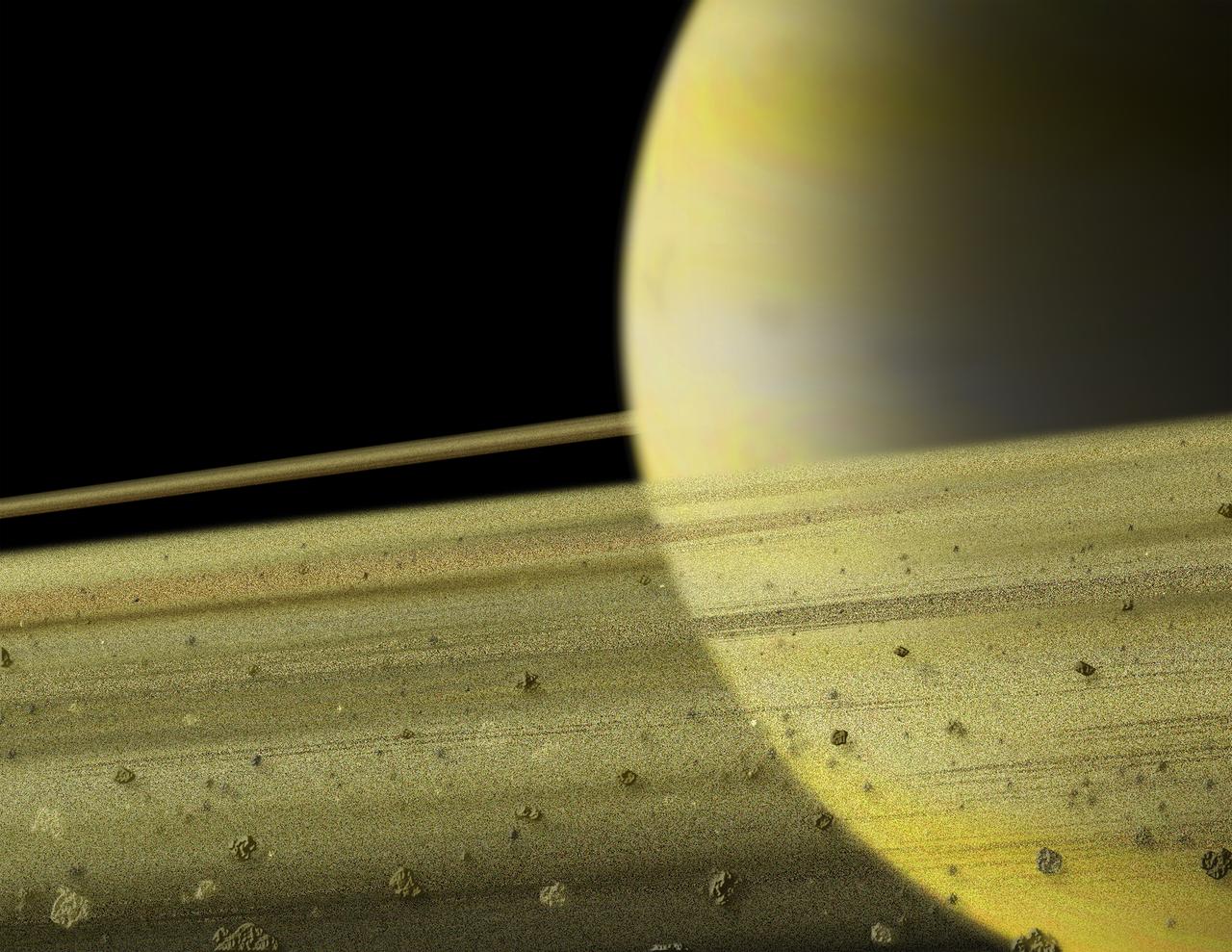 This illustration shows a close-up of Saturn's rings. These rings are thought to have formed from material that was unable to form into a Moon because of tidal forces from Saturn, or from a Moon that was broken up by Saturn's tidal forces.