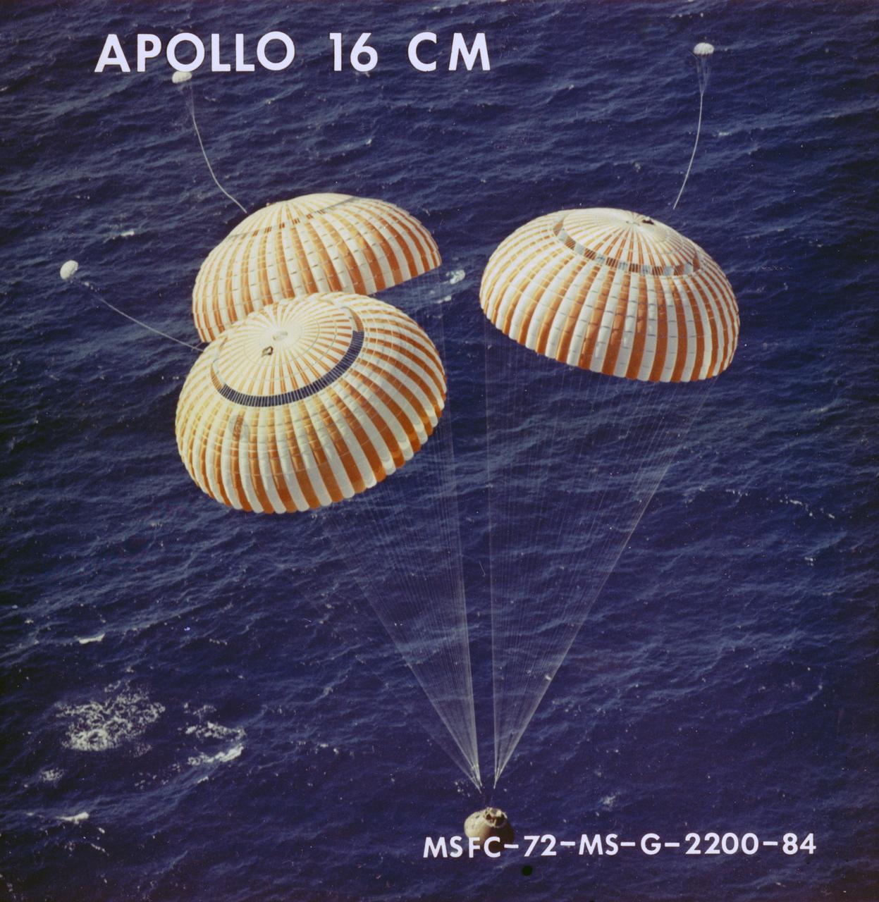 The Apollo 16 Command Module splashed down in the Pacific Ocean on April 27, 1972 after an 11-day moon exploration mission. The sixth manned lunar landing mission, the Apollo 16 (SA-511), carrying three astronauts: Mission Commander John W. Young, Command Module pilot Thomas K. Mattingly II, and Lunar Module pilot Charles M. Duke, lifted off on April 16, 1972. The Apollo 16 continued the broad-scale geological, geochemical, and geophysical mapping of the Moon’s crust, begun by the Apollo 15, from lunar orbit. This mission marked the first use of the Moon as an astronomical observatory by using the ultraviolet camera/spectrograph which photographed ultraviolet light emitted by Earth and other celestial objects. The Lunar Roving Vehicle, developed by the Marshall Space Flight Center, was also used. 
