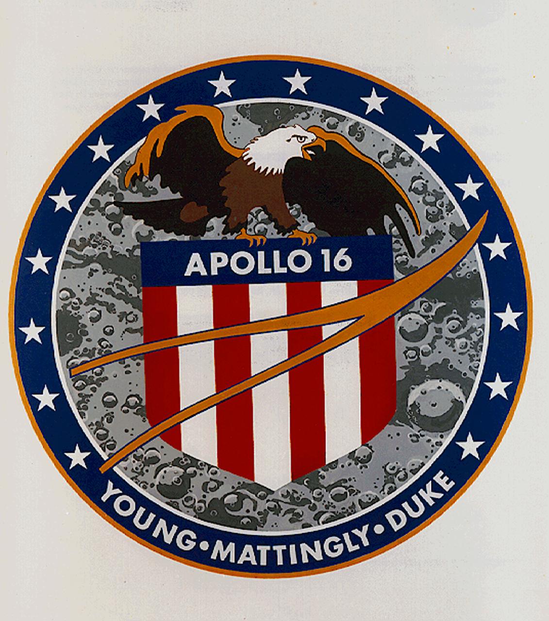 The Apollo 16 crew patch is dominated by an eagle perched atop a red, white, and blue shield superimposed on a lunar surface scene. Similar to that on the NASA agency shield and insignia, there is a gold symbol of flight outlined in blue across the face of the shield. The border surrounding the shield is a circle of 16 stars completed by the the crew’s surnames at the bottom. The patch was designed from ideas submitted by the Apollo 16 3-man crew: John W. Young, Mission Commander: Thomas K. Mattingly, Command Module pilot; and Charles M. Duke, Lunar Module pilot. (Note: This is the official Apollo 16 emblem, a property of the United States government. Its reproduction in any form other than in news, information, and education media is not authorized without approval. Unauthorized use is subject to the provisions of Title 18, U.S. Code, Section 701.)