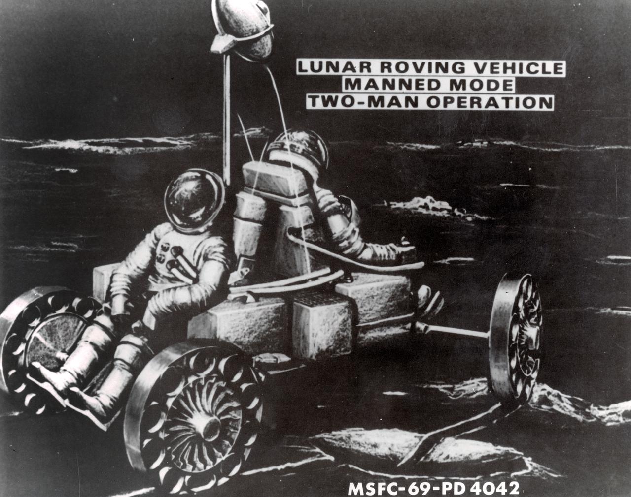 Artist’s concept of a manned Lunar Roving Vehicle (LRV) depicting two-man operation on the Lunar surface. The LRV was developed under the direction of the Marshall Space Flight Center (MSFC) to provide Apollo astronauts with a greater range of mobility on the lunar surface.