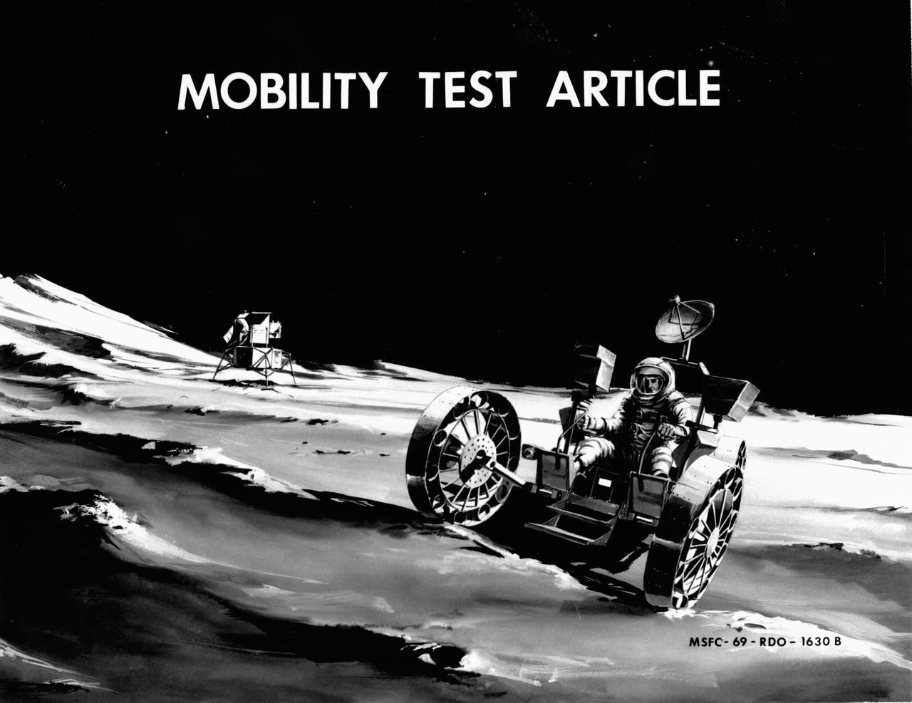 Artist’s concept of a Lunar Roving Vehicle (LRV) Mobility Test Article (MTA) on the Lunar surface. The data provided by the MTA helped in designing the LRV, developed under the direction of  MSFC. The LRV was designed to allow Apollo astronauts a greater range of mobility during lunar exploration missions. 