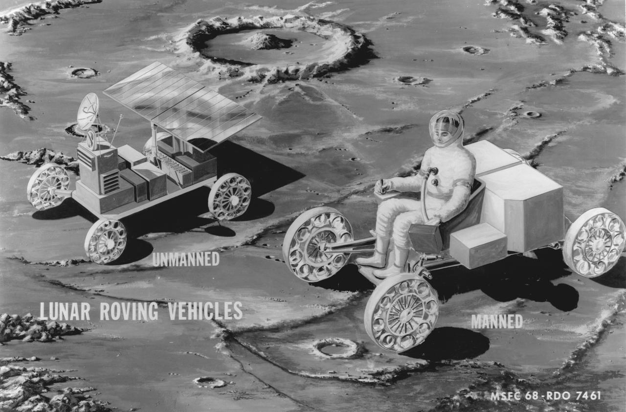 Artist’s manned and unmanned concepts of a Lunar Roving Vehicle (LRV) Mobility Test Article (MTA) on the Lunar surface. The data provided by the MTA helped in designing the LRV, developed under the direction of MSFC. The LRV was designed to allow Apollo astronauts a greater range of mobility during lunar exploration missions. 