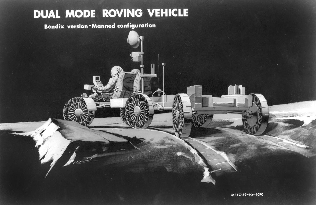 Artist’s concept of a dual mode Lunar Roving Vehicle (LRV) on the Lunar surface. This represents the Bendix version in an unmanned configuration. The LRV was developed under the direction of MSFC to allow Apollo astronauts a greater range of mobility during lunar exploration missions. 