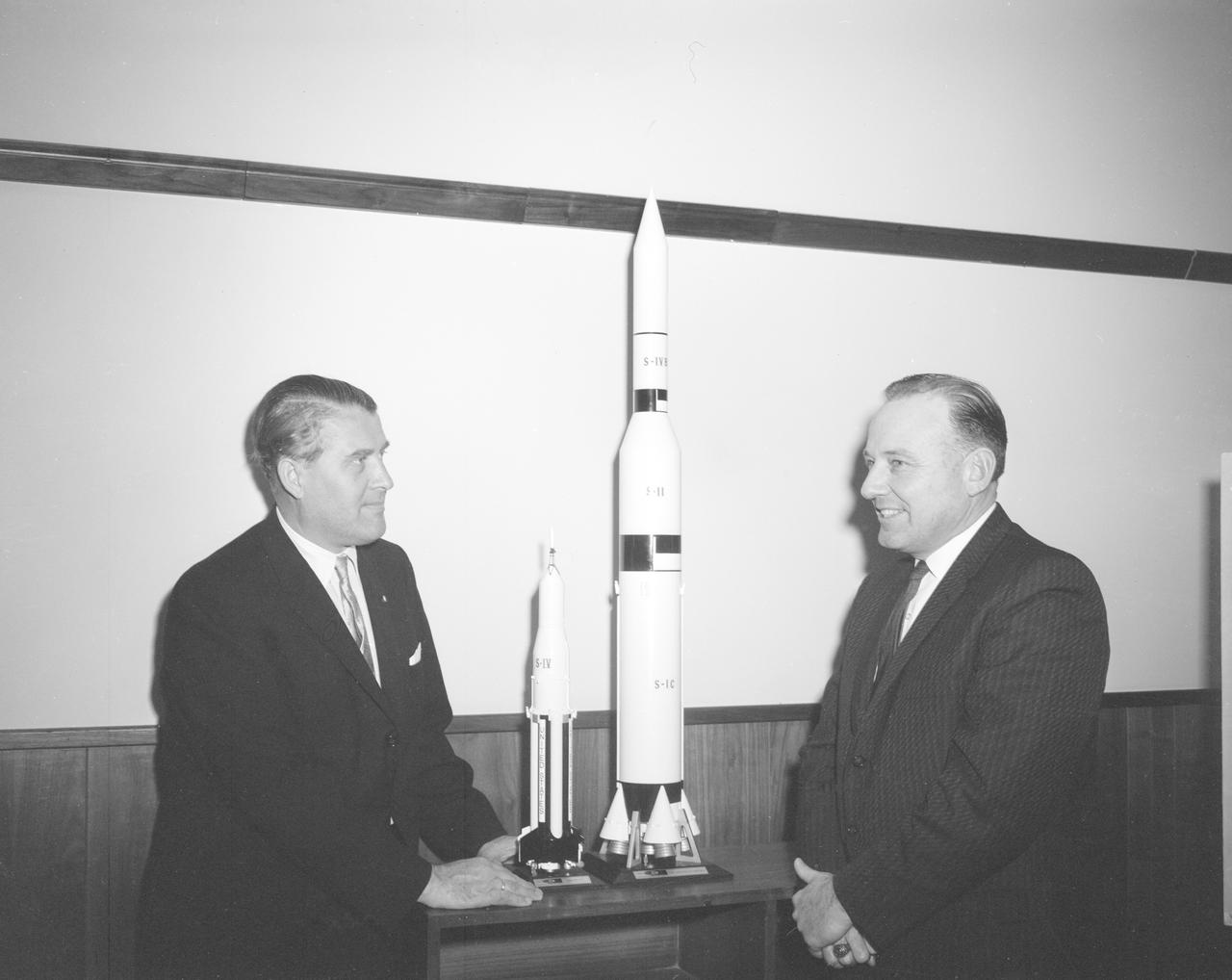 The members of the House Committee on Science and Astronautics visited the Marshall Space Flight Center (MSFC) on March 9, 1962 to gather firsthand information of the nation’s space exploration program. The congressional group was composed of members of the Subcommittee on Manned Space Flight.  The subcommittee was briefed on MSFC’s manned space efforts earlier in the day and then inspected mockups of the Saturn I Workshop and the Apollo Telescope Mount, two projects developed by MSFC for the post-Apollo program. In this photograph, MSFC Director, Dr. Wernher von Braun and Joe Waggoner, Democratic representative of Louisiana, discuss Apollo models.