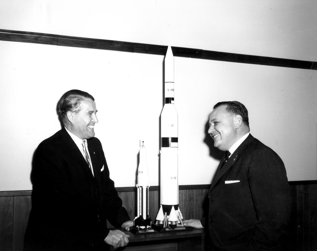 The members of the House Committee on Science and Astronautics visited the Marshall Space Flight Center (MSFC) on March 9, 1962 to gather firsthand information of the nation’s space exploration program. The congressional group was composed of members of the Subcommittee on Manned Space Flight.  The subcommittee was briefed on MSFC’s manned space efforts earlier in the day and then inspected mockups of the Saturn I Workshop and the Apollo Telescope Mount, two projects developed by MSFC for the post-Apollo program. In this photograph, MSFC Director, Dr. Wernher von Braun and Richard L. Roudebush, Republican representative of Indiana, discuss Apollo models.