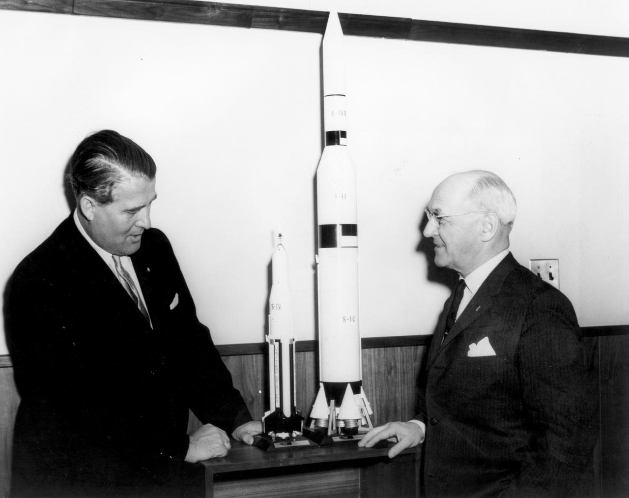 The members of the House Committee on Science and Astronautics visited the Marshall Space Flight Center (MSFC) on March 9, 1962 to gather firsthand information of the nation’s space exploration program. The congressional group was composed of members of the Subcommittee on Manned Space Flight.  The subcommittee was briefed on MSFC’s manned space efforts earlier in the day and then inspected mockups of the Saturn I Workshop and the Apollo Telescope Mount, two projects developed by MSFC for the post-Apollo program. In this photograph, MSFC Director, Dr. Wernher von Braun and R. Walter Riehlman, Republican representative of New York, discuss Apollo models.