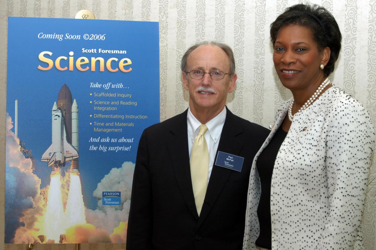 KENNEDY SPACE CENTER, FLA. -   Paul McFall (left), president, Pearson Scott Foresman,  and Dr. Adena Williams Loston, NASA chief education officer, attend the kickoff of 'The Science in Space Challenge' at the Doubletree Hotel in Orlando, Fla. The national challenge program is sponsored by NASA and Pearson Scott Foresman, publisher of pre-K through grade six educational books. To participate in the challenge, teachers may submit proposals, on behalf of their students, for a science and technology investigation. Astronauts will conduct the winning projects on a Space Shuttle mission or on the International Space Station, while teachers and students follow along via television or the Web. For more information about the announcement, see the news release at http:__www.nasa.gov_home_hqnews_2004_oct_HQ_04341_publication.html.