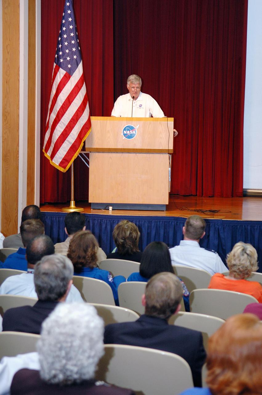 KENNEDY SPACE CENTER, FLA. -  Center Director Jim Kennedy kicks off Spaceport Super Safety and Health Day with opening ceremonies at the KSC Training Auditorium.   Guest speakers included Dr. Pamela Peeke, Navy Com. Stephen E. Iwanowicz, NASA’s Dr. Kristine Calderon and Olympic-great Bruce Jenner.   Later in the day, employees could visit many vendors’ exhibits featuring safety and health items.  Super Safety and Health Day was initiated at KSC in 1998 to increase awareness of the importance of safety and health among the government and contractor workforce.  The theme for this year’s event was “Safety and Health: A Winning Combination.”
