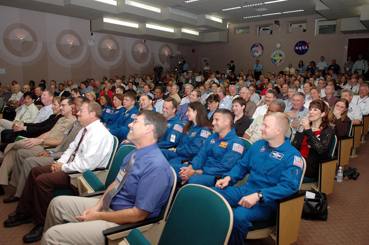 KENNEDY SPACE CENTER, FLA. -  During opening ceremonies for Spaceport Super Safety and Health Day at KSC, members of the astronaut corps and KSC employees enjoy the humor of guest speaker Dr. Pamela Peeke.  Other speakers included Navy Com. Stephen E. Iwanowicz, NASA’s Dr. Kristine Calderon and Olympic-great Bruce Jenner.   Later in the day, employees could visit many vendors’ exhibits featuring safety and health items.  Super Safety and Health Day was initiated at KSC in 1998 to increase awareness of the importance of safety and health among the government and contractor workforce.  The theme for this year’s event was “Safety and Health: A Winning Combination.”