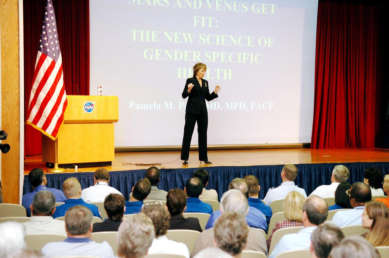 KENNEDY SPACE CENTER, FLA. -  Guest speaker Dr. Pamela Peeke talks to KSC employees during opening ceremonies for Spaceport Super Safety and Health Day at KSC.   Other speakers included Navy Com. Stephen E. Iwanowicz , NASA’s Dr. Kristine Calderon and Olympic-great Bruce Jenner. Later in the day, employees could visit many vendors’ exhibits featuring safety and health items.  Super Safety and Health Day was initiated at KSC in 1998 to increase awareness of the importance of safety and health among the government and contractor workforce.  The theme for this year’s event was “Safety and Health: A Winning Combination.”