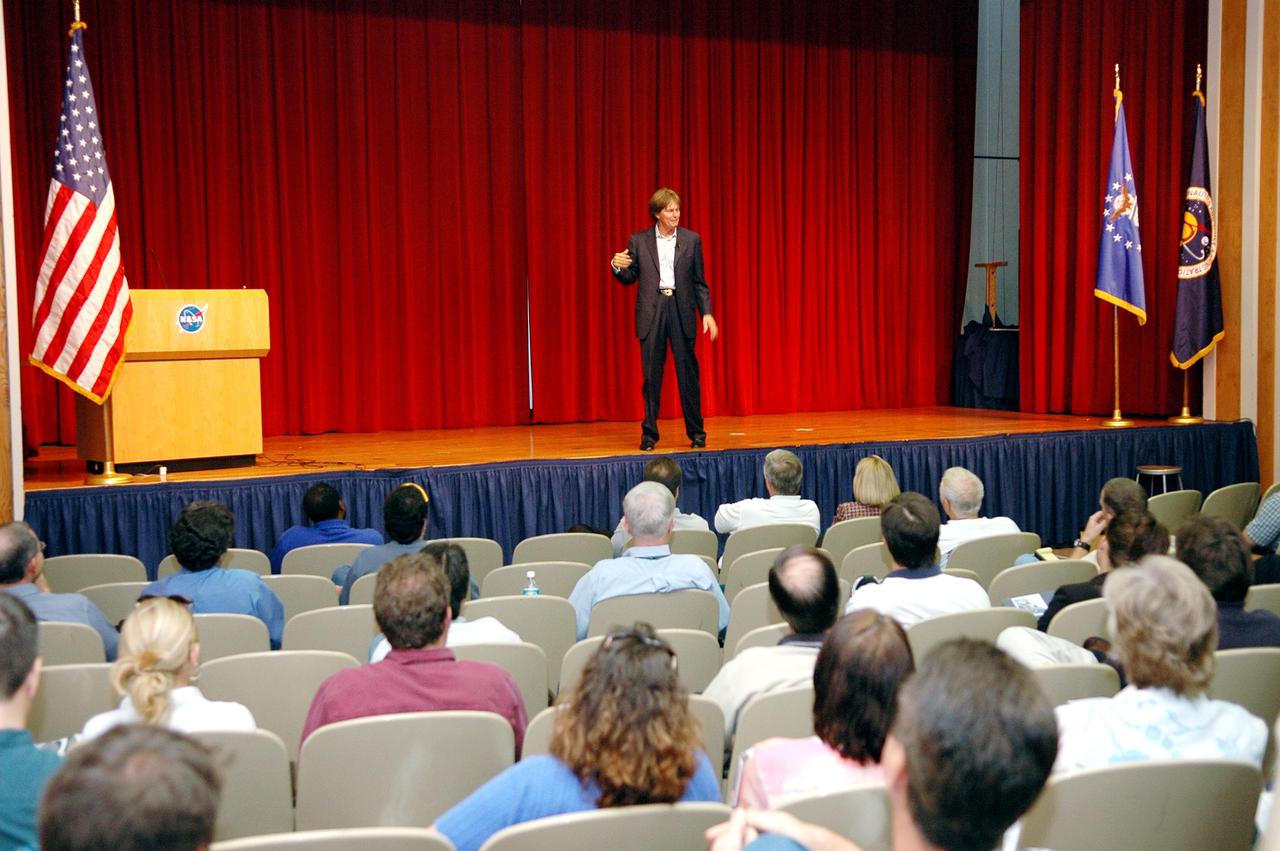 KENNEDY SPACE CENTER, FLA. -  Olympic champion and motivational speaker Bruce Jenner talks to KSC employees during opening ceremonies for Spaceport Super Safety and Health Day at KSC.   Other speakers included Dr. Pamela Peeke, Navy Com. Stephen E. Iwanowicz and NASA’s Dr. Kristine Calderon.  Later in the day, employees could visit many vendors’ exhibits featuring safety and health items.  Super Safety and Health Day was initiated at KSC in 1998 to increase awareness of the importance of safety and health among the government and contractor workforce.  The theme for this year’s event was “Safety and Health: A Winning Combination.”