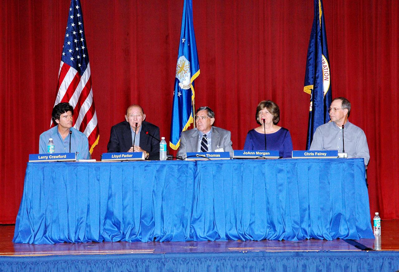 KENNEDY SPACE CENTER, FLA. -  This panel comprising former and current Safety and Mission Assurance (SandMA) management talk about identifying and comparing safety challenges of the past, present and future during Spaceport Super Safety and Health Day (SSandH) at KSC.  Larry Crawford, left, is director of SandMA.  SSandH Day included guest speakers Dr. Pamela Peeke, Navy Com. Stephen E. Iwanowicz, NASA’s Dr. Kristine Calderon and Olympic-great Bruce Jenner.  In addition, many vendors’ exhibits were on display for employees.  Super Safety and Health Day was initiated at KSC in 1998 to increase awareness of the importance of safety and health among the government and contractor workforce.  The theme for this year’s event was “Safety and Health: A Winning Combination.”