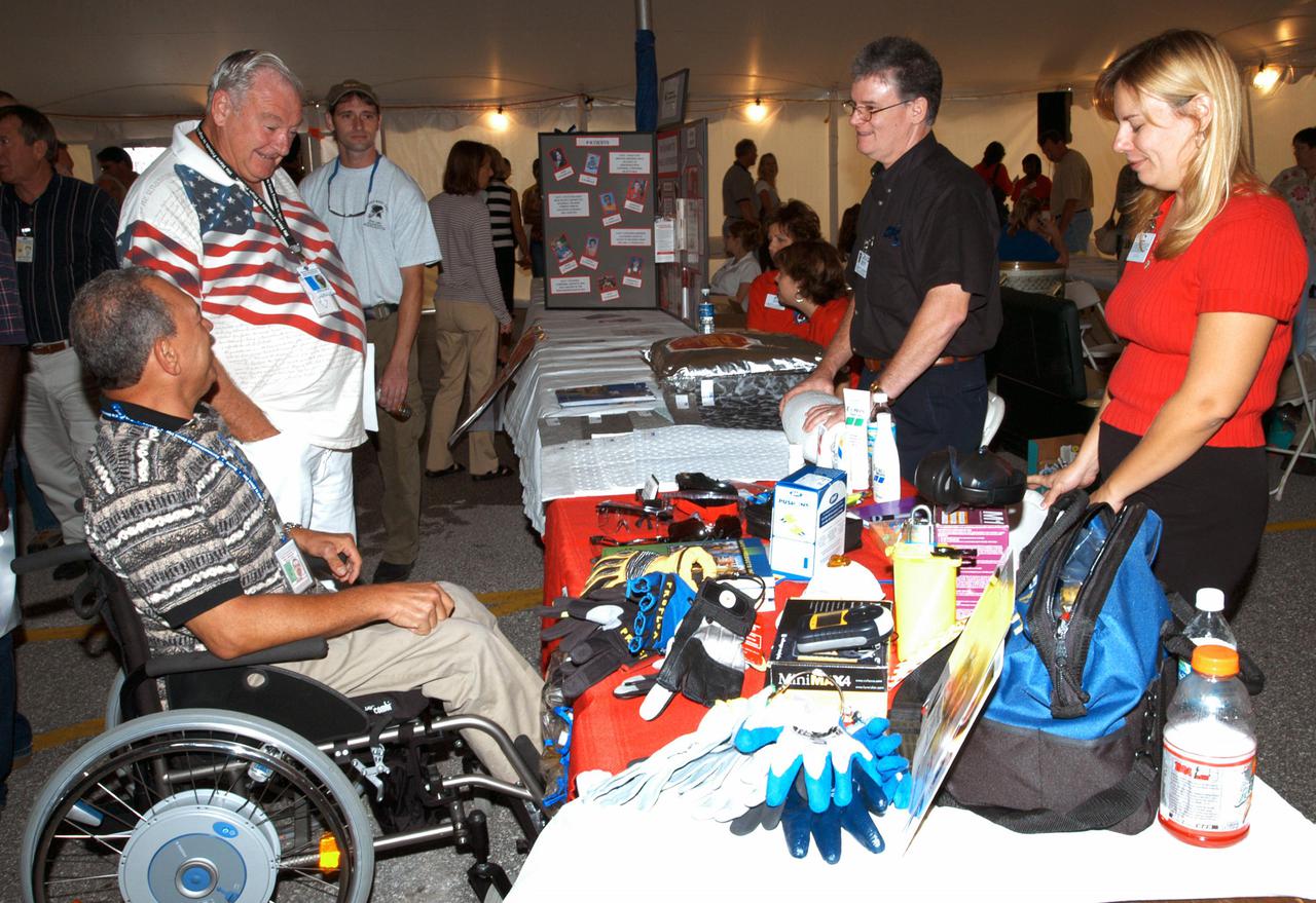 KENNEDY SPACE CENTER, FLA. -  An exhibit of safety glasses, gloves and protective covers is one of many displayed at KSC during Spaceport Super Safety and Health Day.  The event included guest speakers Dr. Pamela Peeke, Navy Com. Stephen E. Iwanowicz, NASA’s Dr. Kristine Calderon and Olympic-great Bruce Jenner.  In addition, many vendors’ exhibits were on display for employees.  Super Safety and Health Day was initiated at KSC in 1998 to increase awareness of the importance of safety and health among the government and contractor workforce.  The theme for this year’s event was “Safety and Health: A Winning Combination.”