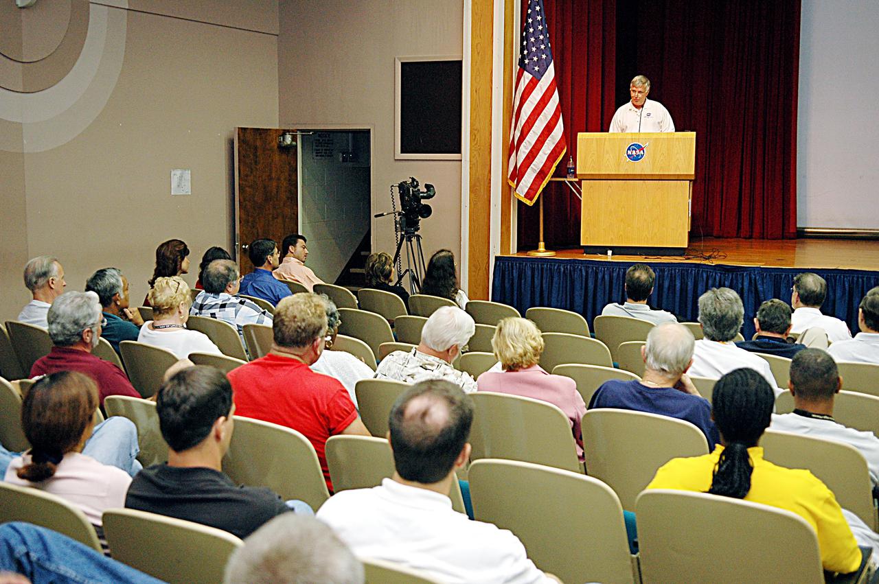 KENNEDY SPACE CENTER, FLA. -  Center Director Jim Kennedy kicks off Spaceport Super Safety and Health Day for second shift employees. The event included guest speakers Dr. Pamela Peeke, Navy Com. Stephen E. Iwanowicz, NASA’s Dr. Kristine Calderon and Olympic-great Bruce Jenner.  In addition, many vendors’ exhibits were on display for employees.  Super Safety and Health Day was initiated at KSC in 1998 to increase awareness of the importance of safety and health among the government and contractor workforce.  The theme for this year’s event was “Safety and Health: A Winning Combination.”