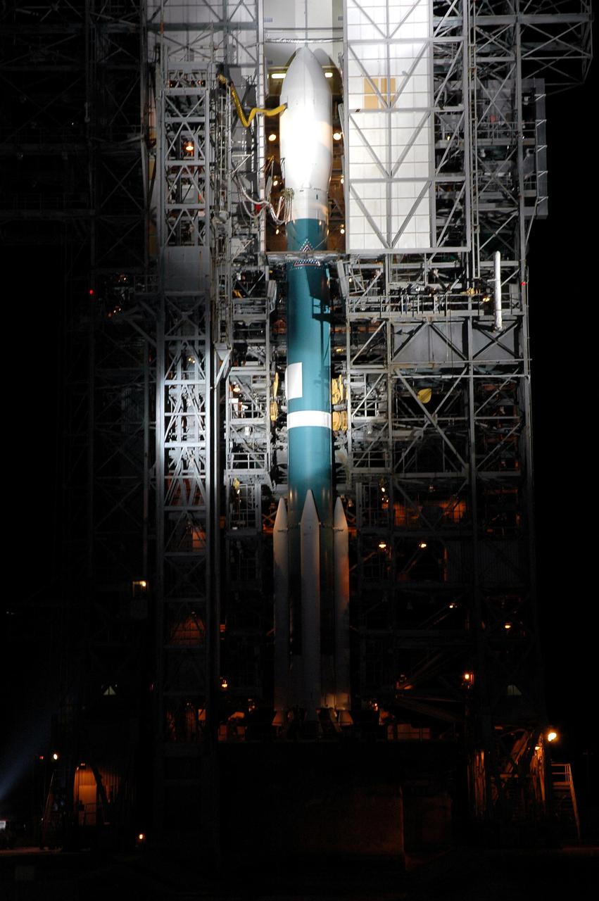 KENNEDY SPACE CENTER, FLA. -   A Boeing Delta II expendable launch vehicle stands ready to launch NASA’s Swift spacecraft following tower rollback at Complex 17A, Cape Canaveral Air Force Station.  Swift is a first-of-its-kind multi-wavelength observatory dedicated to the study of gamma-ray burst science. Its three instruments will work together to observe GRBs and afterglows in the gamma ray, X-ray, ultraviolet and optical wavebands. Swift is scheduled to launch Nov. 20 at 12:10 p.m. EST.