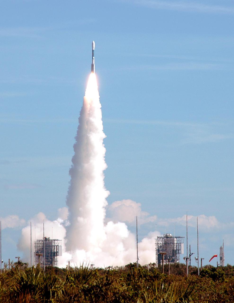 KENNEDY SPACE CENTER, FLA. -   NASA's Swift spacecraft blasts off from Complex 17A into the beautiful blue sky above Cape Canaveral Air Force Station on Nov. 20 at 12:16:00.611 p.m. EST aboard a Boeing Delta II expendable launch vehicle.  Swift is a first-of-its-kind multi-wavelength observatory dedicated to the study of gamma-ray burst science. Its three instruments will work together to observe GRBs and afterglows in the gamma ray, X-ray, ultraviolet and optical wavebands.