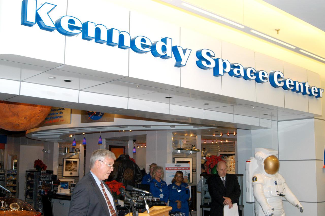 KENNEDY SPACE CENTER, FLA. -  Center Director Jim Kennedy speaks to attendees during the grand opening ceremony of the new Kennedy Space Center Store at Orlando International Airport.  The store will help educate millions of airport visitors about America’s space program and the Vision for Space Exploration.  The store is operated by Kennedy Space Center Visitor Complex concessionaire Delaware North Parks and Resorts.