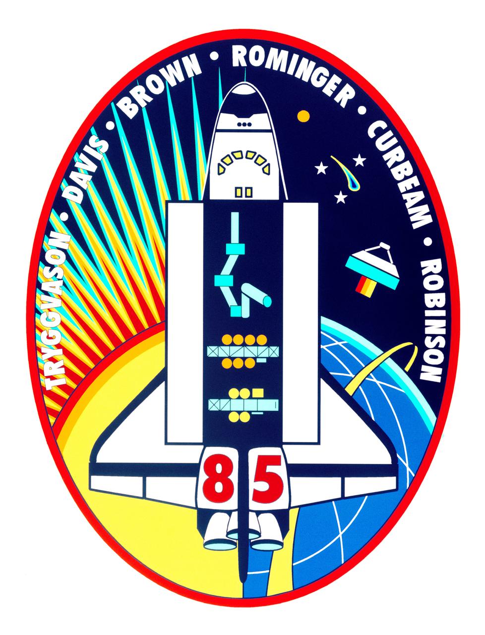 The mission patch for STS-85 is designed to reflect the broad range of science and engineering payloads on the flight. The primary objectives of the mission were to measure chemical constituents in Earth’s atmosphere with a free-flying satellite and to flight-test a new Japanese robotic arm designed for use on the International Space Station (ISS). STS-85 was the second flight of the satellite known as Cryogenic Infrared Spectrometers and Telescopes for the Atmosphere-Shuttle Pallet Satellite-2 CRISTA-SPAS-02. CRISTA, depicted on the right side of the patch pointing its trio of infrared telescopes at Earth’s atmosphere, stands for Cryogenic Infrared Spectrometers and Telescopes for the Atmosphere. The high inclination orbit is shown as a yellow band over Earth’s northern latitudes. In the Space Shuttle Discovery’s open payload bay an enlarged version of the Japanese National Space Development Agency’s (NASDA) Manipulator Flight Demonstration (MFD) robotic arm is shown. Also shown in the payload bay are two sets of multi-science experiments: the International Extreme Ultraviolet Hitchhiker (IEH-02) nearest the tail and the Technology Applications and Science (TAS-01) payload. Jupiter and three stars are shown to represent sources of ultraviolet energy in the universe. Comet Hale-Bopp, which was visible from Earth during the mission, is depicted at upper right. The left side of the patch symbolizes daytime operations over the Northern Hemisphere of Earth and the solar science objectives of several of the payloads. 