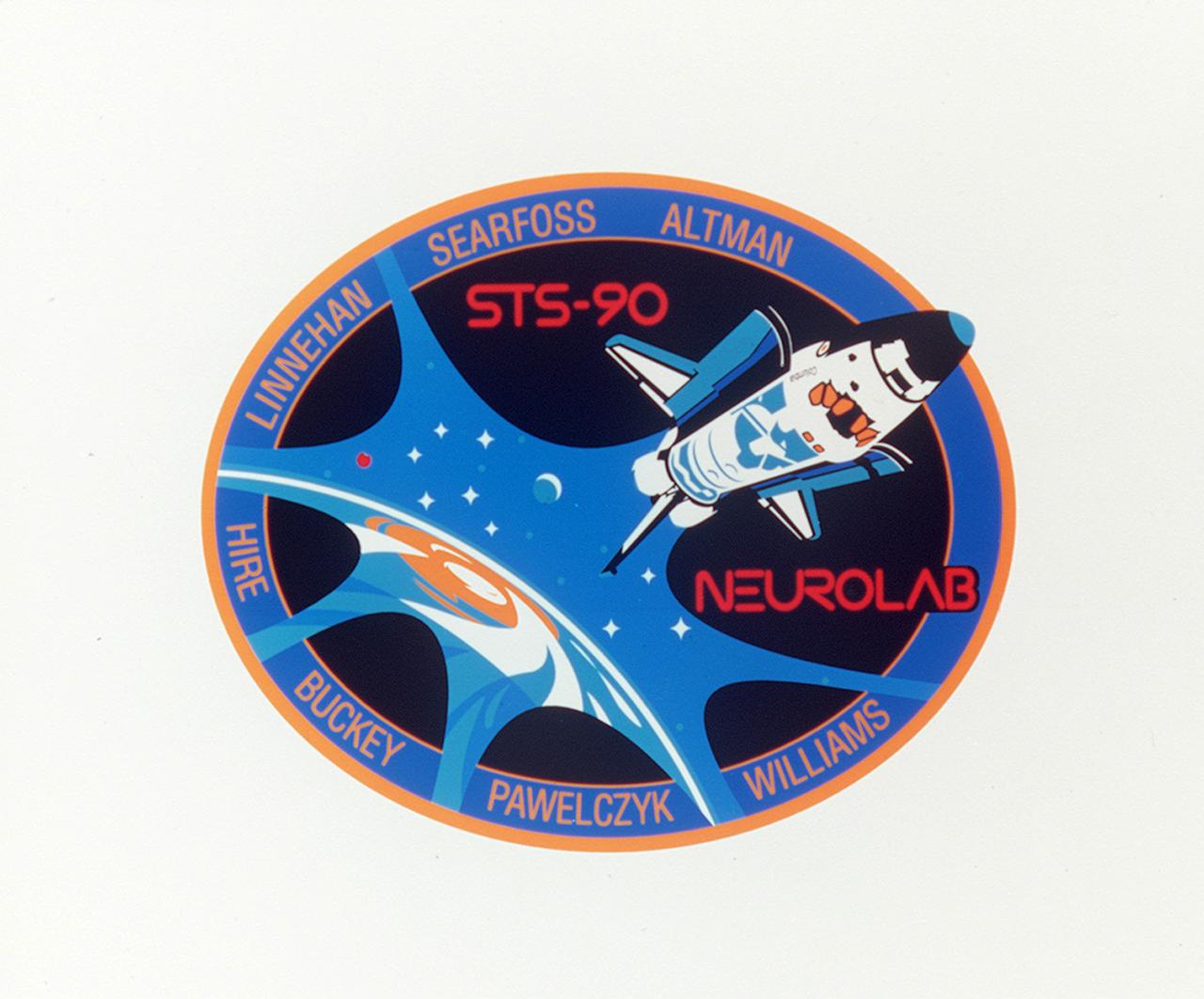 The STS-90 crew patch reflects the dedication of the mission to neuroscience in celebration of the decade of the brain. Earth is revealed through a neuron-shaped window, which symbolizes new perspectives in the understanding of nervous system development, structure and function, both here on Earth and in the microgravity environment of space. The Space Shuttle Columbia is depicted with its open payload bay doors revealing the Spacelab within. An integral component of the mission, the laboratory/science module provided by the European Space Agency (ESA), signifies the strong international involvement in the mission. The seven crew members and two alternate payload specialists, Chiaki Naito-Mukai and Alexander W. Dunlap, are represented by the nine major stars of the constellation Cetus (the whale) in recognition of the International Year of the Ocean. The distant stars illustrate the far reaching implications of the mission science to the many sponsoring agencies, helping prepare for long-duration space flight aboard the International Space Station (ISS). The moon and Mars are depicted to reflect the crew's recognition that those two celestial bodies will be the next great challenges in human exploration of space and represent the key role that life science research will play in supporting such missions.