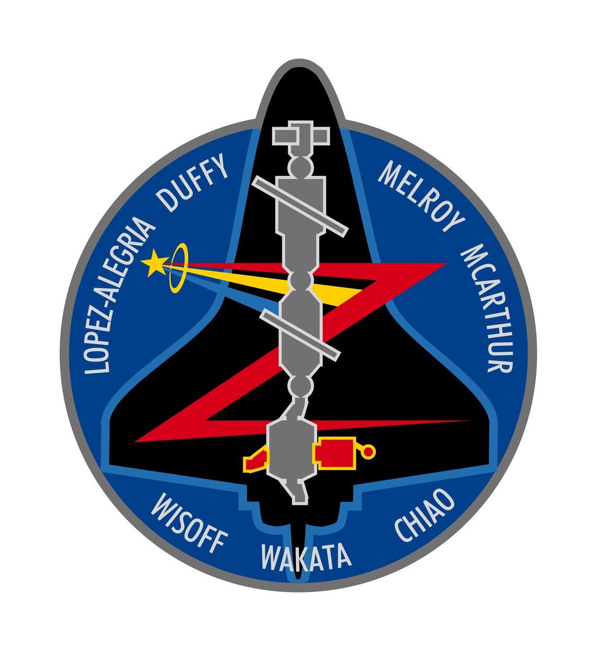 Designed by the crew members, the STS-92 patch symbolizes the second mission to carry U.S. built elements to the International Space Station (ISS) for assembly. The black silhouette of the Space Shuttle Discovery stands out against the deep blue background of space in low Earth orbit. In the foreground, in gray, is a profile view of the ISS as it appears when the shuttle and crew arrive, with the station consisting of the Unity node, its two Pressurized Mating Adapters (PMA), the Zarya functional cargo block, the Zvezda service module, and the Progress cargo vehicle. Following the shuttle's rendezvous and docking, the ISS configuration now augmented by the two elements delivered by Discovery, the Z1 truss and PMA-3. These two elements, depicted in red, were installed using the shuttle's robot arm and connected to ISS during four space walks. The multinational nature of both the STS-92 crew and the ISS are reflected in the multi-colored Astronaut Office symbol. 
