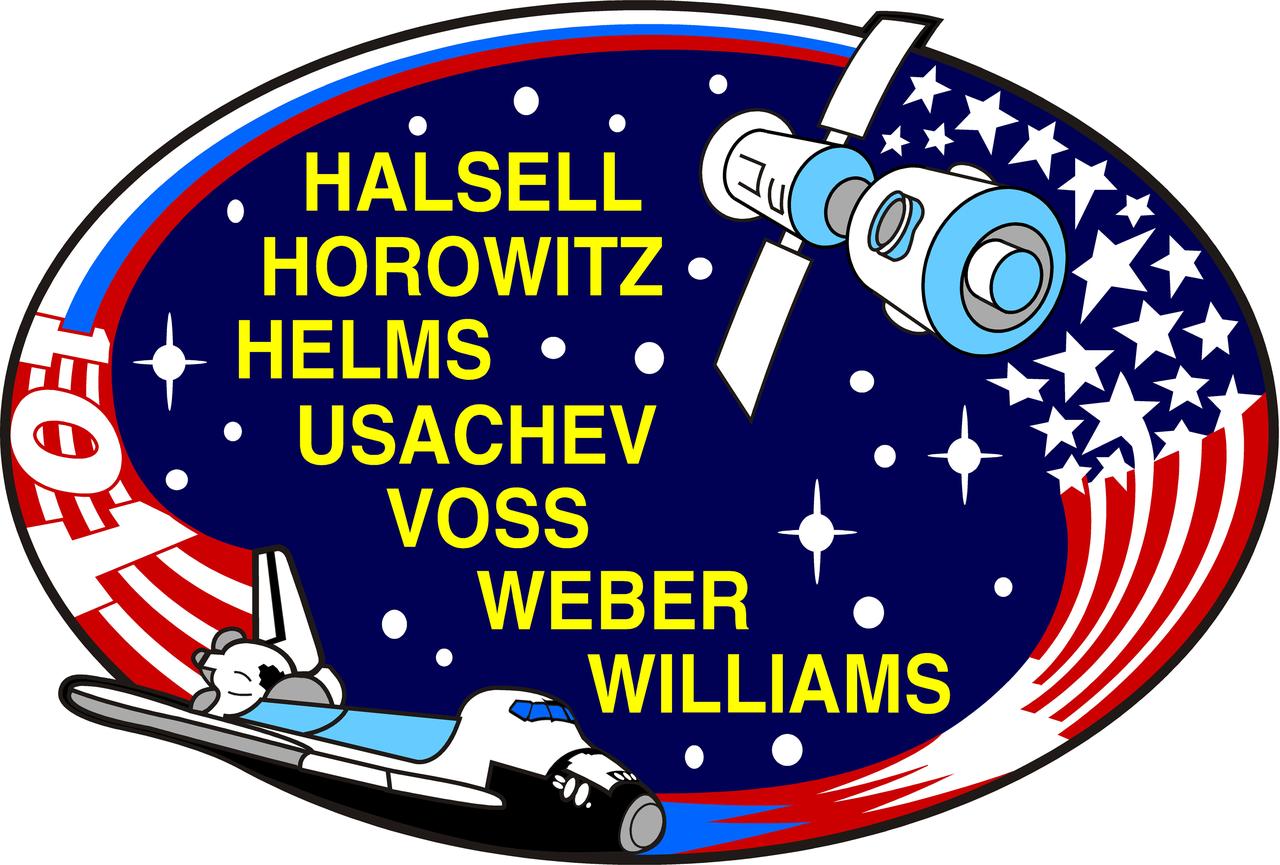 The STS-101 mission patch commemorates the third Space Shuttle flight supporting the assembly of the International Space Station (ISS). This flight's primary tasks were to outfit the ISS and extend its lifetime, to conduct a space walk to install external components in preparation for the docking of the Russian Service Module, Zvezda, and the arrival of the first ISS crew. The Space Shuttle is depicted in an orbit configuration prior to docking with the ISS. The ISS is depicted in the stage of assembly completed for the STS-101 mission, which consists of the United States built Unity module and the Russian-built Zarya module. The three large stars represent the third ISS mission in the assembly sequence. The elements and colors of the border reflect the flags of the nations represented by the STS-101 crew members, the United States, and Russia.