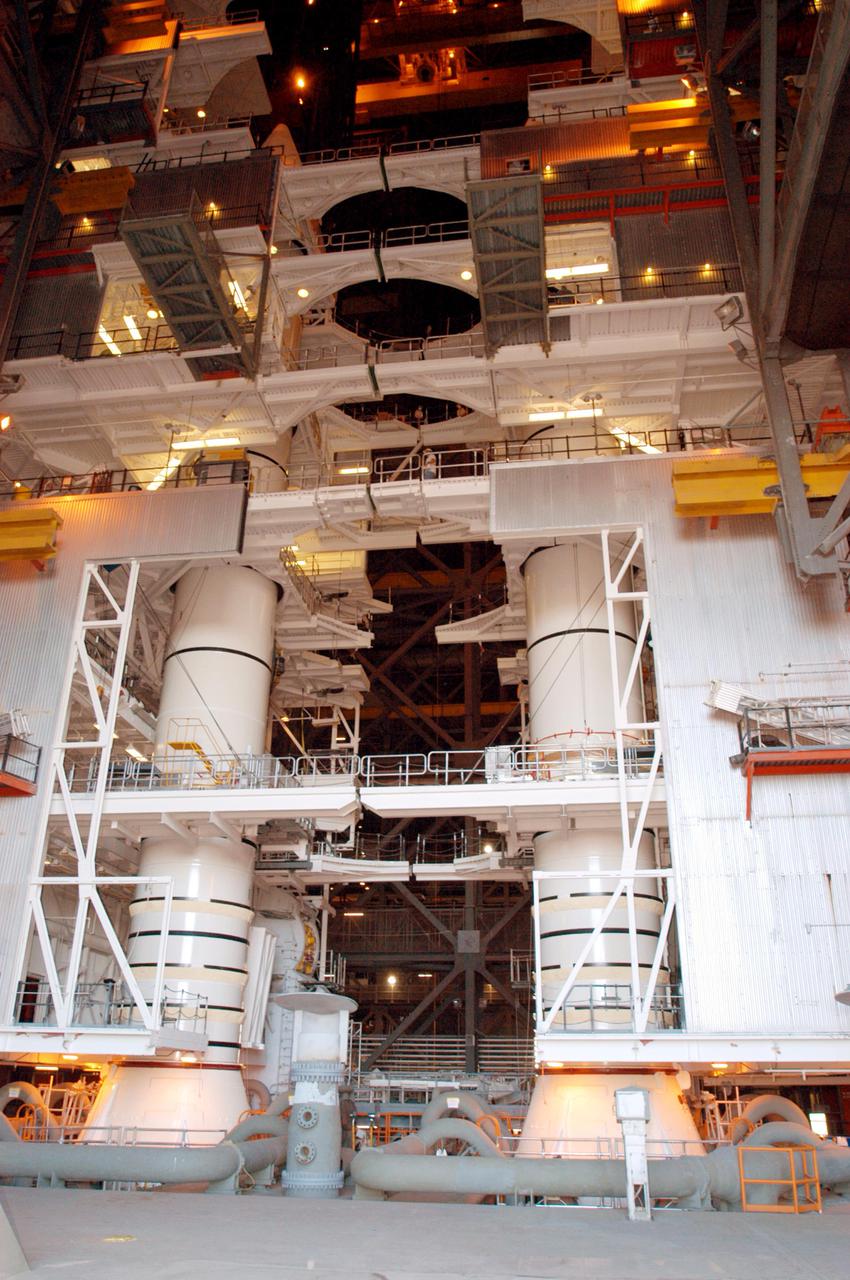 KENNEDY SPACE CENTER, FLA. - Twin Solid Rocket Boosters are stacked on a Mobile Launcher Platform inside the Vehicle Assembly Building. The SRBs will be flying on Space Shuttle Discovery for Return to Flight mission STS-114. The launch planning window is May 12 to June 3, 2005.