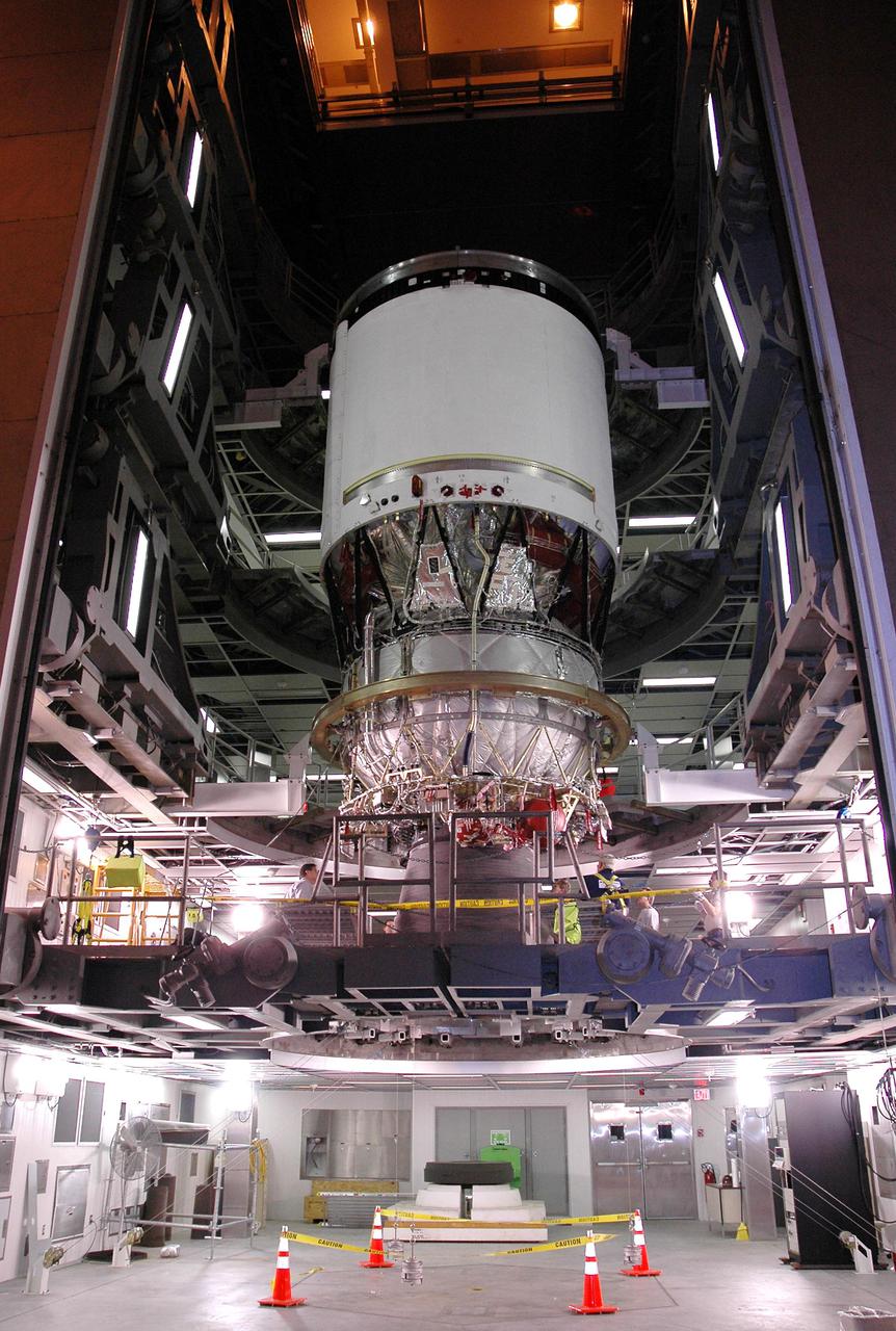 KENNEDY SPACE CENTER, FLA. - At the Delta Operations Center in Cape Canaveral, Fla., the Boeing Delta IV second stage is going to be prepared for a transfer to the Horizontal Integration Facility for further processing. The element is going to be transferred to the Horizontal Integration Facility for further processing. The Delta IV is the launch vehicle for the GOES-N satellite. Geostationary Operational Environmental Satellites (GOES) are sponsored by the National Aeronautics and Space Administration (NASA) and the National Oceanic and Atmospheric Administration (NOAA). GOES-N is the first in the next series of GOES satellites, N-P. The multi-mission GOES series N-P will be a vital contributor to weather, solar and space operations and science. The GOES N-P series will aid activities ranging from severe storm warnings to resource management and advances in science. GOES-N is scheduled to launch May 4 from Cape Canaveral Air Force Station, Fla.