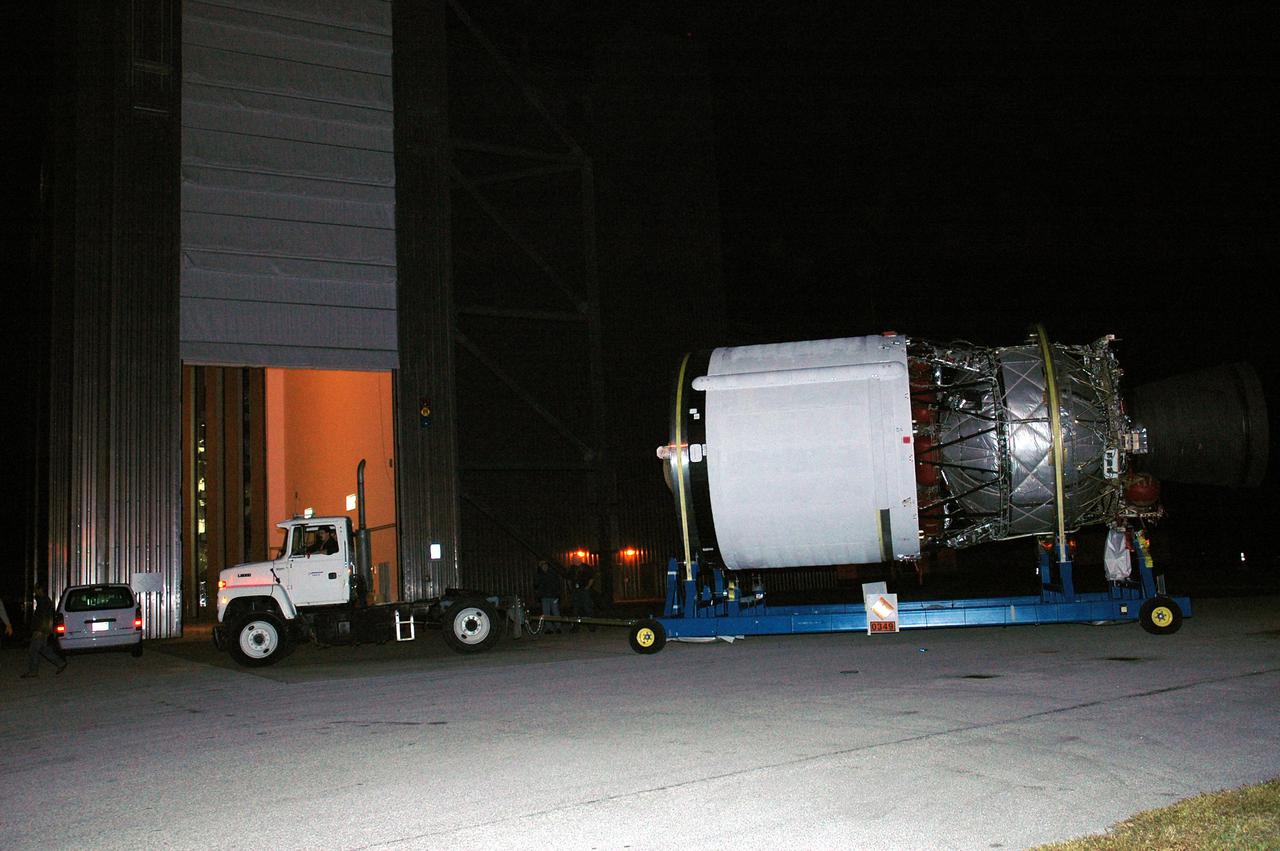 KENNEDY SPACE CENTER, FLA. - In the pre-dawn hours this morning, the Boeing Delta IV second stage leaves the Delta Operations Center in Cape Canaveral, Fla.. It is being moved to the Horizontal Integration Facility (HIF) for further processing. The Delta IV is the launch vehicle for the GOES-N satellite. Geostationary Operational Environmental Satellites (GOES) are sponsored by the National Aeronautics and Space Administration (NASA) and the National Oceanic and Atmospheric Administration (NOAA). GOES-N is the first in the next series of GOES satellites, N-P. The multi-mission GOES series N-P will be a vital contributor to weather, solar and space operations and science. The GOES N-P series will aid activities ranging from severe storm warnings to resource management and advances in science. GOES-N is scheduled to launch May 4 from Cape Canaveral Air Force Station, Fla.
