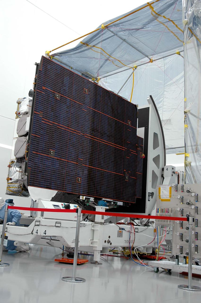 KENNEDY SPACE CENTER, FLA. - At Astrotech in Titusville, Fla., the GOES-N satellite waits for rotation to a vertical position. Seen in the front is the solar panel. Since its arrival on March 11, the satellite has been undergoing final testing by Boeing Satellite Systems of the imaging system, instrumentation, communications and power systems. Geostationary Operational Environmental Satellites (GOES) are sponsored by NASA’s Goddard Space Flight Center and the National Oceanic and Atmospheric Administration. GOES-N is targeted to launch May 4 onboard a Boeing expendable launch vehicle Delta IV (4,2) with a 3-burn second stage operation.