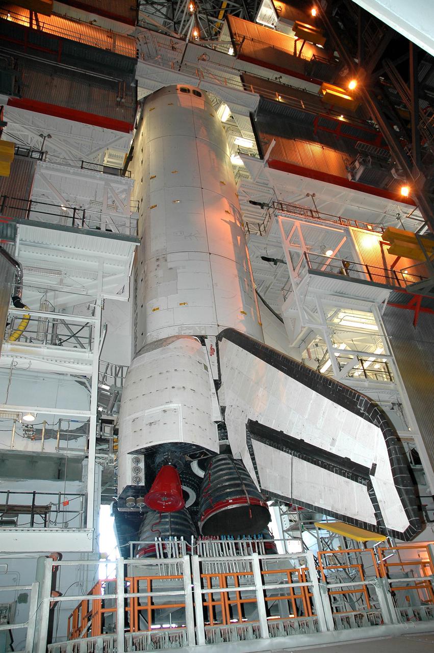 KENNEDY SPACE CENTER, FLA. - In the Vehicle Assembly Building at NASA’s Kennedy Space Center, Space Shuttle Discovery is surrounded by work platforms as it awaits rollout to Launch Pad 39B for Return to Flight mission STS-114 to the International Space Station. It rests on the Mobile Launcher Platform, which will be moved to the pad by the double-tracked Crawler-Transporter. This launch will be Discovery’s 31st flight. The launch window is May 15 to June 3.