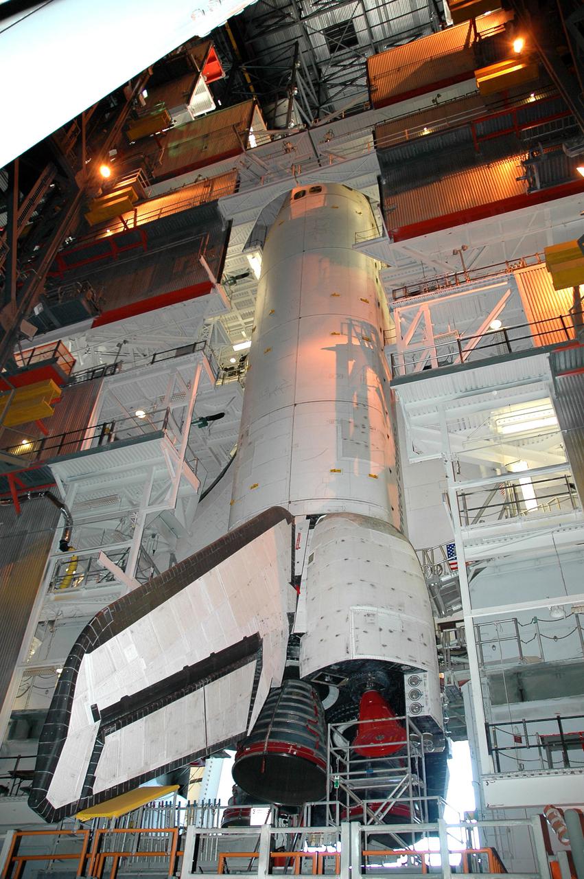 KENNEDY SPACE CENTER, FLA. - In the Vehicle Assembly Building at NASA’s Kennedy Space Center, Space Shuttle Discovery is surrounded by work platforms as it awaits rollout to Launch Pad 39B for Return to Flight mission STS-114 to the International Space Station. It rests on the Mobile Launcher Platform, which will be moved to the pad by the double-tracked Crawler-Transporter. This launch will be Discovery’s 31st flight. The launch window is May 15 to June 3.