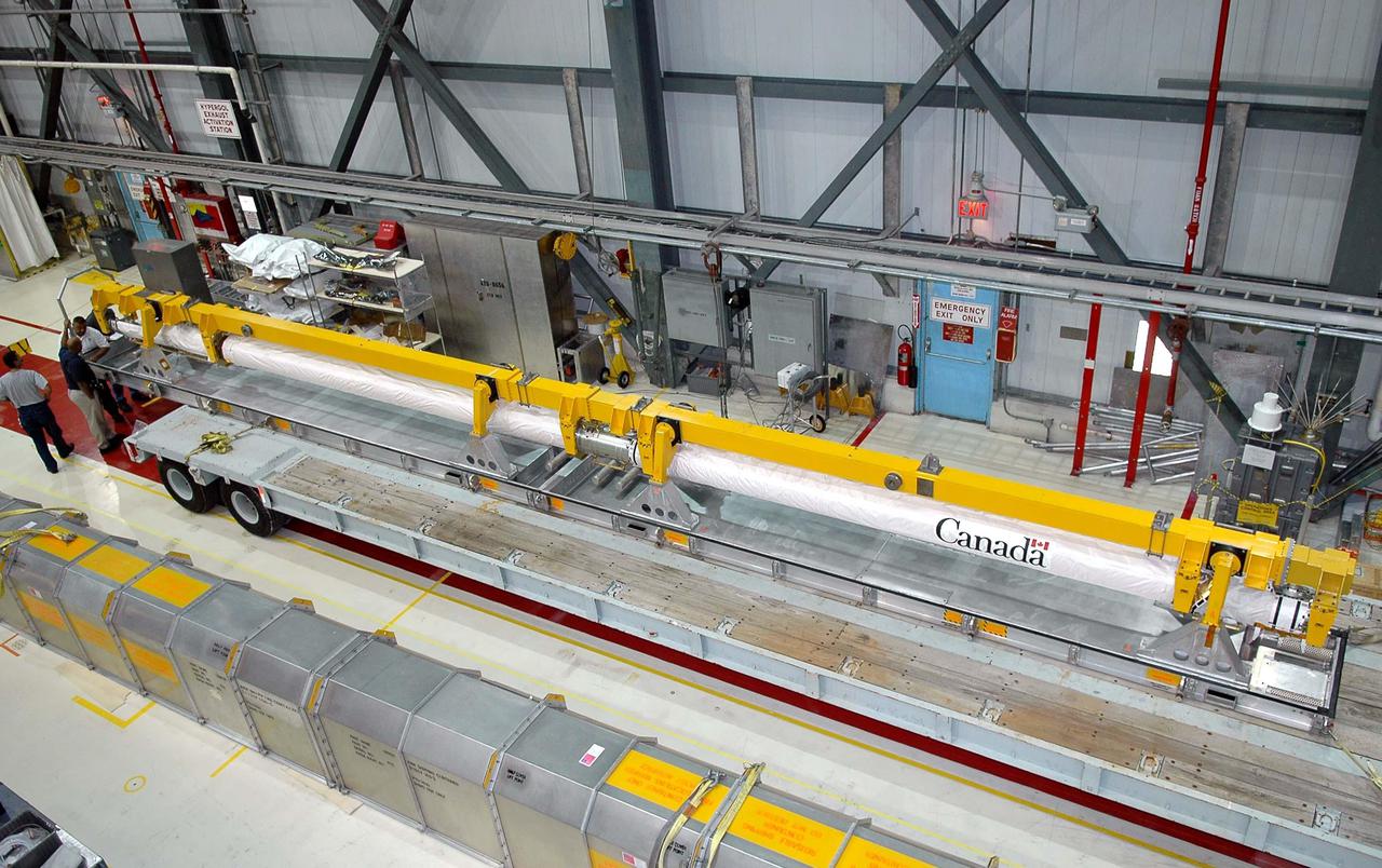 KENNEDY SPACE CENTER, FLA. - In the Orbiter Processing Facility bay 1 at NASA’s Kennedy Space Center, the Orbital Boom Sensor System (OBSS) is ready to be installed in the payload bay of Atlantis. The 50-foot-long OBSS attaches to the Remote Manipulator System, or Shuttle robotic arm, and is one of the new safety measures for Return to Flight, equipping the orbiter with cameras and laser systems to inspect the Shuttle’s Thermal Protection System while in space. The Return to Flight mission STS-121 has a launch window of July 12 - July 31, 2005.