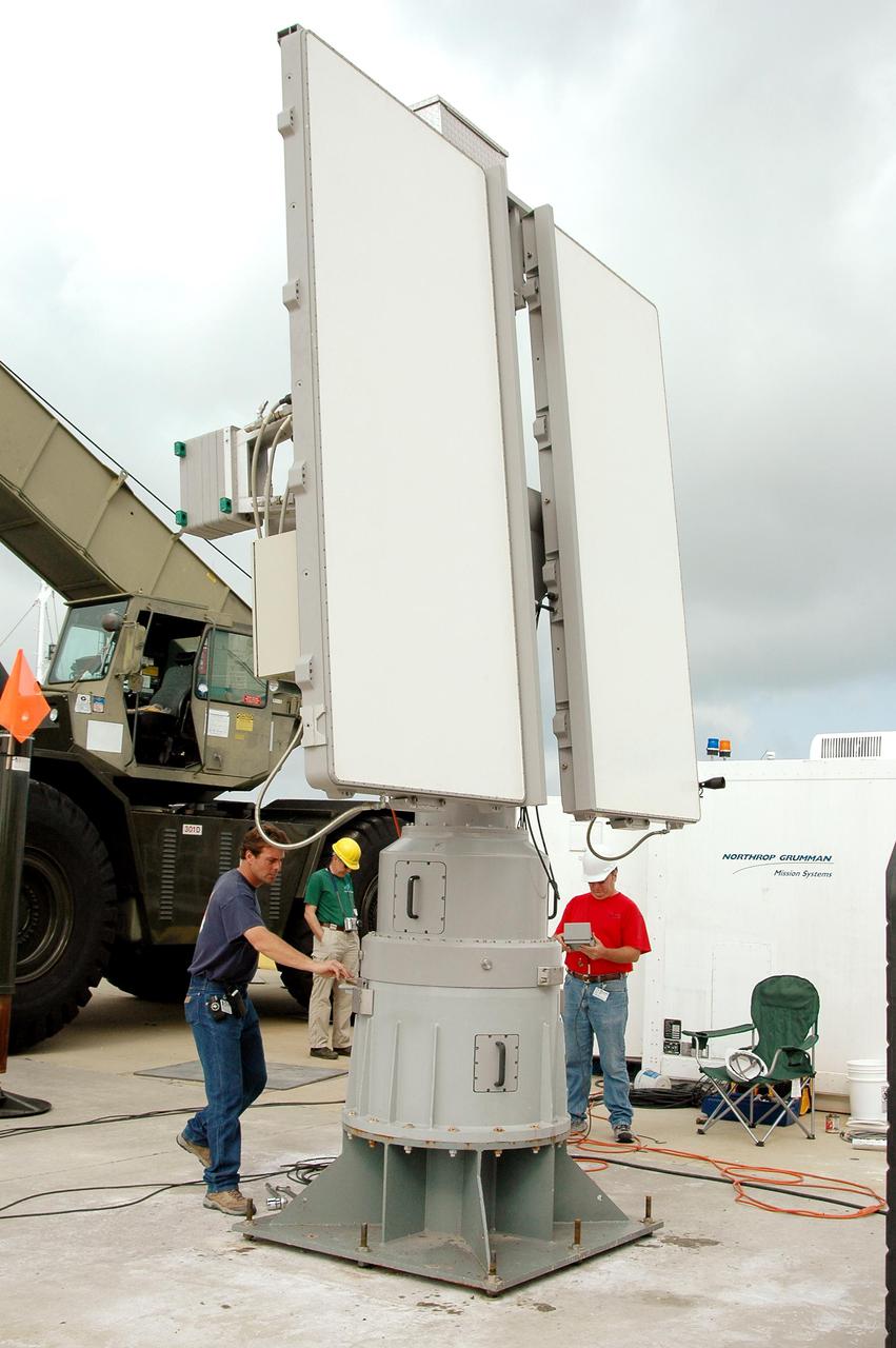 KENNEDY SPACE CENTER, FLA. - An X-band Doppler radar array is being prepared for lifting onto the Liberty Star,  one of the two SRB Retrieval Ships, at Hangar AF at Cape Canaveral Air Force Station.  The radar will be used for tracking support on NASA’s Return to Flight mission, STS-114, on Space Shuttle Discovery.  Launch is targeted for May 15 with a launch window that extends to June 3. During its 12-day mission, Discovery’s seven-member crew will test new hardware and techniques to improve Shuttle safety, as well as deliver supplies to the International Space Station.