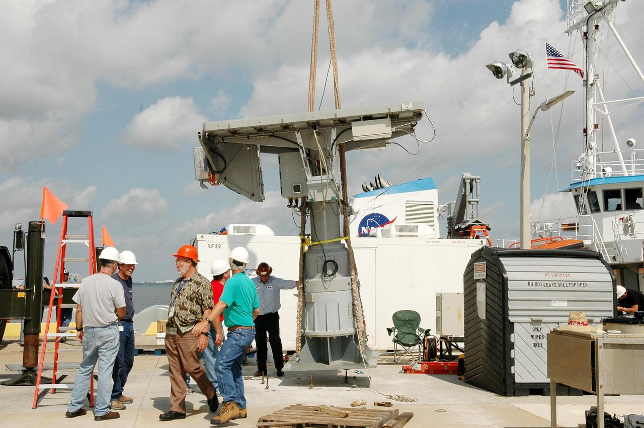 KENNEDY SPACE CENTER, FLA. - An X-band Doppler radar array is ready for lifting onto the Liberty Star,  one of the two SRB Retrieval Ships, at Hangar AF at Cape Canaveral Air Force Station.  The radar will be used for tracking support on NASA’s Return to Flight mission, STS-114, on Space Shuttle Discovery.  Launch is targeted for May 15 with a launch window that extends to June 3. During its 12-day mission, Discovery’s seven-member crew will test new hardware and techniques to improve Shuttle safety, as well as deliver supplies to the International Space Station.