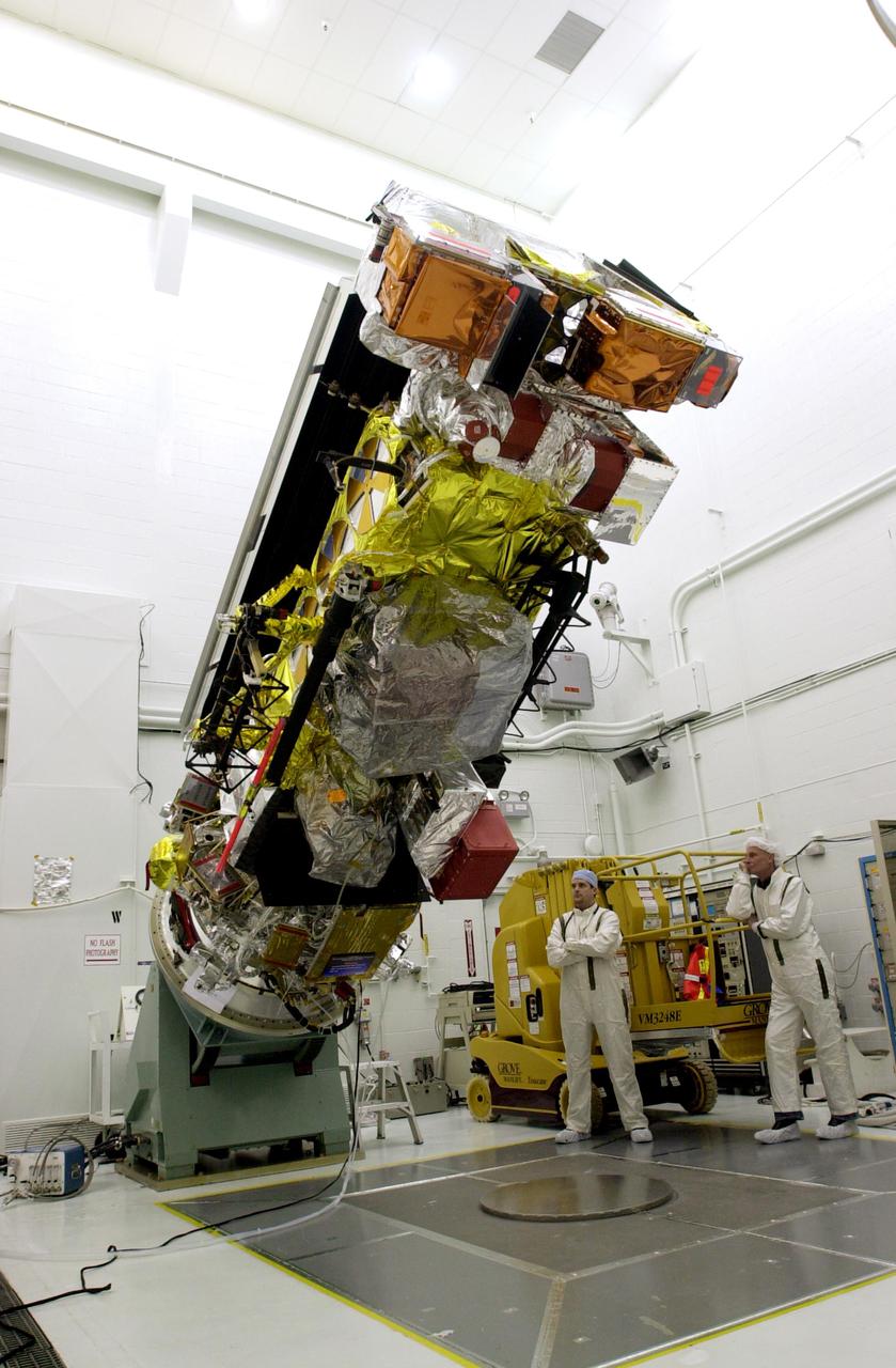 VANDENBERG AIR FORCE BASE, CALIF. - Inside the NASA spacecraft processing hangar 1610 located on North Vandenberg Air Force Base in California, the National Oceanic and Atmospheric Administration (NOAA-N) spacecraft is raised to a vertical position on an assembly and test stand.  It will be mated to the Delta II payload attach fitting.   Launch of NOAA-N aboard the Boeing Delta II rocket is currently scheduled for May 11, 2005.  NOAA-N is the fourth in the series of support dedicated microwave instruments for the generation of temperature, moisture, surface, and hydrological products in cloudy regions where visible and infrared (IR) instruments have decreased capability.