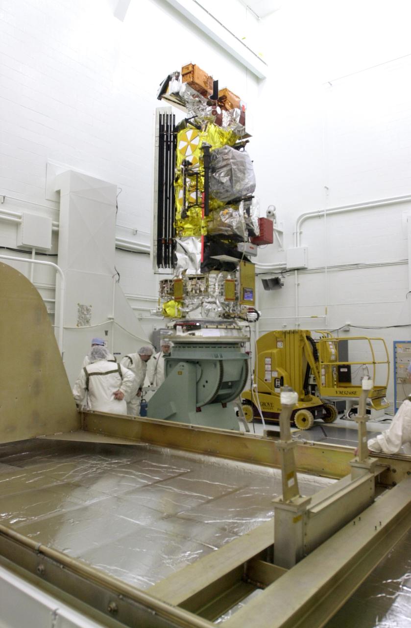 VANDENBERG AIR FORCE BASE, CALIF. - Inside the NASA spacecraft processing hangar 1610 located on North Vandenberg Air Force Base in California, the National Oceanic and Atmospheric Administration (NOAA-N) spacecraft has been raised to a vertical position on an assembly and test stand.  It will be mated to the Delta II payload attach fitting.   Launch of NOAA-N aboard the Boeing Delta II rocket is currently scheduled for May 11, 2005.  NOAA-N is the fourth in the series of support dedicated microwave instruments for the generation of temperature, moisture, surface, and hydrological products in cloudy regions where visible and infrared (IR) instruments have decreased capability.
