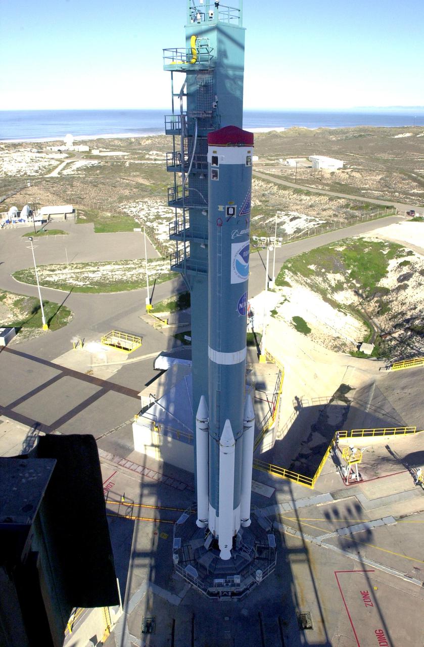 VANDENBERG AIR FORCE BASE, CALIF. - At Space Launch Complex 2 on Vandenberg Air Force Base in California, the first stage of the Boeing Delta II rocket rests on the pad. It will be mated with the second stage. The Delta II will launch the National Oceanic and Atmospheric Administration (NOAA-N) spacecraft. After launch, NOAA-N will be renamed NOAA-18 and will provide measurements of the Earth's surface and atmosphere that will be entered into NOAA’s weather forecasting models and used for other environmental studies. Each day, the satellite will send data to NOAA’s Command and Data Acquisition station computers, adding vital information to forecasting models, especially over the oceans, where conventional data is lacking. Launch of NOAA-N is scheduled for May 11, 2005.