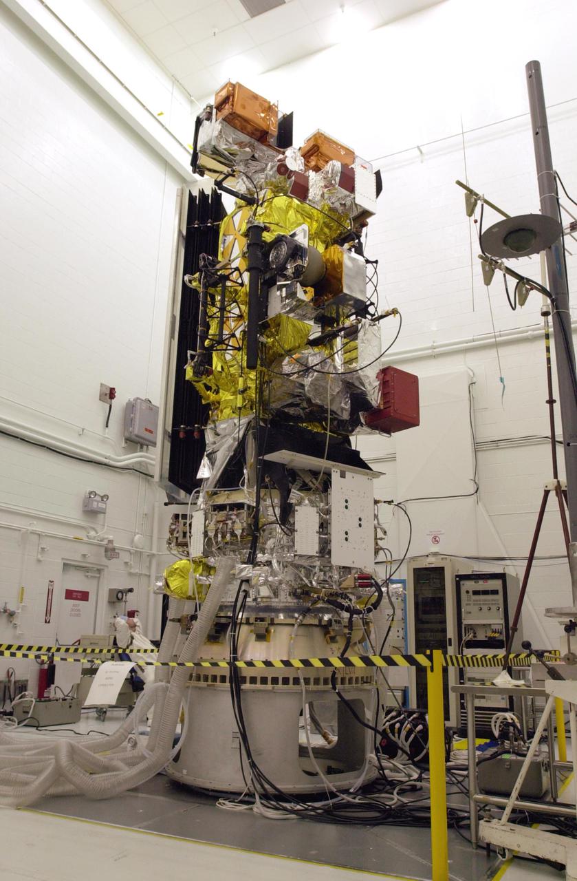 VANDENBERG AIR FORCE BASE, CALIF. -  Inside the NASA spacecraft processing hangar 1610 located on North Vandenberg Air Force Base in California, the National Oceanic and Atmospheric Administration (NOAA-N) spacecraft is undergoing testing.  The testing includes the Spacecraft Electrical Performance Test, battery conditioning, a Solar Array Illumination Telemetry Test, final instrument inspections and closeouts for flight.  Launch of NOAA-N aboard the Boeing Delta II rocket is currently scheduled for May 11, 2005.  NOAA-N is the fourth in the series of support dedicated microwave instruments for the generation of temperature, moisture, surface, and hydrological products in cloudy regions where visible and infrared (IR) instruments have decreased capability.