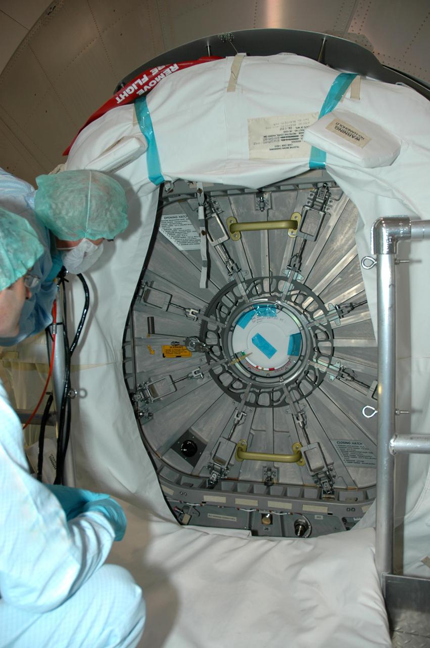 KENNEDY SPACE CENTER, FLA. -- In the Space Station Processing Facility,  Italian-built Multi-Purpose Logistics Module Raffaello is closed and ready for transfer to a payload canister and trip to Launch Complex 39B for transfer to Space Shuttle Discovery.  The module will travel to the International Space Station aboard Space Shuttle Discovery’s Return to Flight mission STS-114.  Raffaello carries 12 racks of cargo, including food, clothing, spare parts and research equipment, to the Station.  Shuttle Discovery is targeted for launch in a window extending May 15 through June 3.