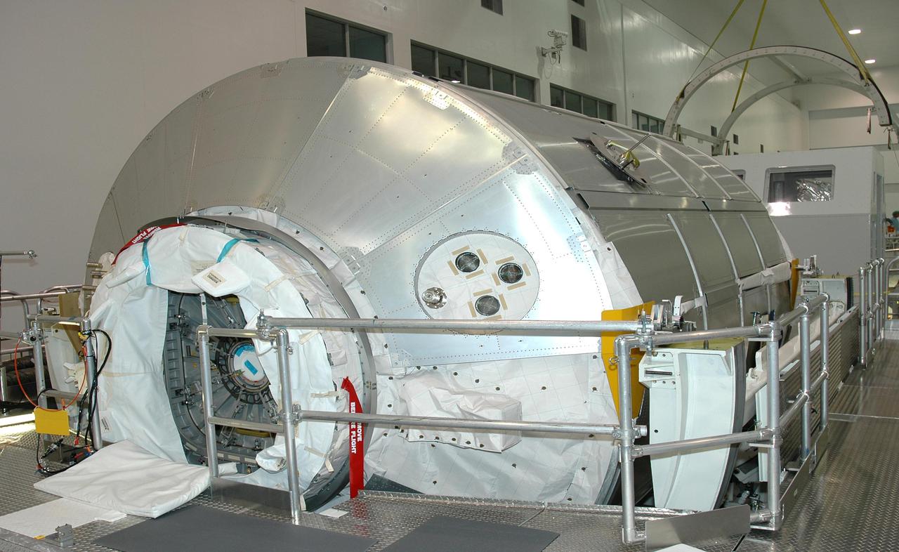 KENNEDY SPACE CENTER, FLA. -- In the Space Station Processing Facility, Italian-built Multi-Purpose Logistics Module Raffaello is closed and ready for transfer to a payload canister and trip to Launch Complex 39B for transfer to Space Shuttle Discovery. The module will travel to the International Space Station aboard Space Shuttle Discovery’s Return to Flight mission STS-114. Raffaello carries 12 racks of cargo, including food, clothing, spare parts and research equipment, to the Station. Shuttle Discovery is targeted for launch in a window extending May 15 through June 3.