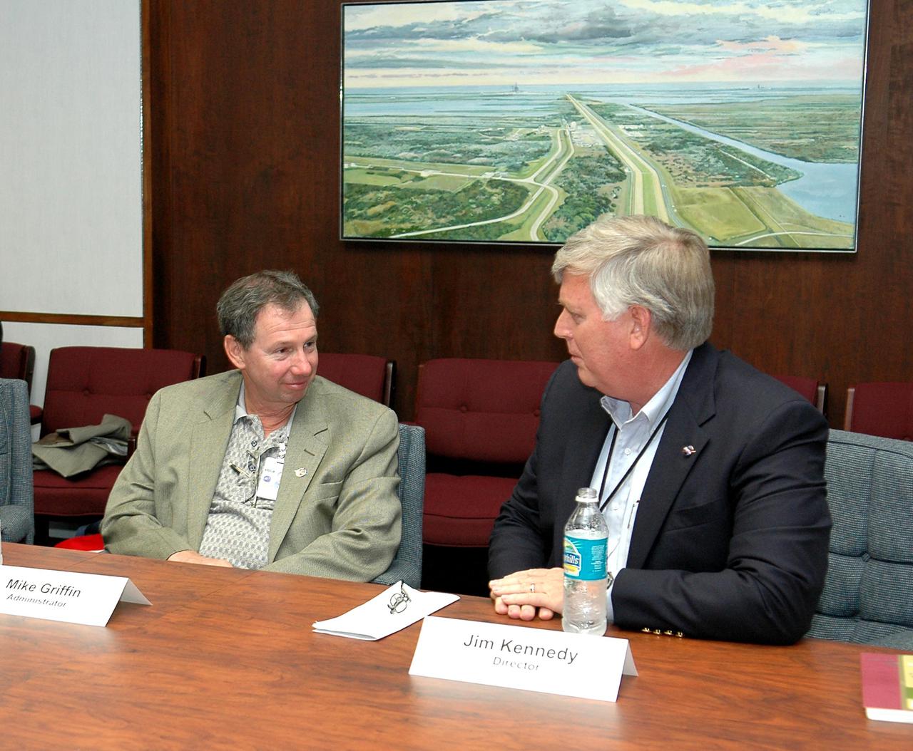 KENNEDY SPACE CENTER, FLA. - Dr. Michael Griffin (left), the new administrator of the National Aeronautics and Space Administration (NASA), meets with James W. Kennedy, the director of the John F. Kennedy Space Center (KSC) in Florida, during Griffin's first official visit to the Center. Griffin is the 11th administrator of NASA, a role he assumed on April 14, 2005. Griffin was nominated to the position in March by President George W. Bush while serving as the Space Department head at Johns Hopkins University's Applied Physics Laboratory in Baltimore. A registered professional engineer in Maryland and California, Griffin served as chief engineer at NASA earlier in his career. He holds numerous scientific and technical degrees including a Ph.D. in Aerospace Engineering from the University of Maryland.