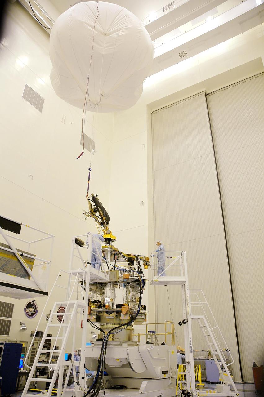 KENNEDY SPACE CENTER, FLA. - In the Payload Hazardous Servicing Facility, workers from Lockheed Martin prepare to conduct a gimbal full range of motion test on the Mars Reconnaissance Orbiter (MRO) high-gain antenna. The MRO was built by Lockheed Martin for JPL. It is the next major step in Mars exploration and scheduled for launch from Cape Canaveral Air Force Station in a window opening Aug. 10. The MRO is an important next step in fulfilling NASA’s vision of space exploration and ultimately sending human explorers to Mars and beyond.